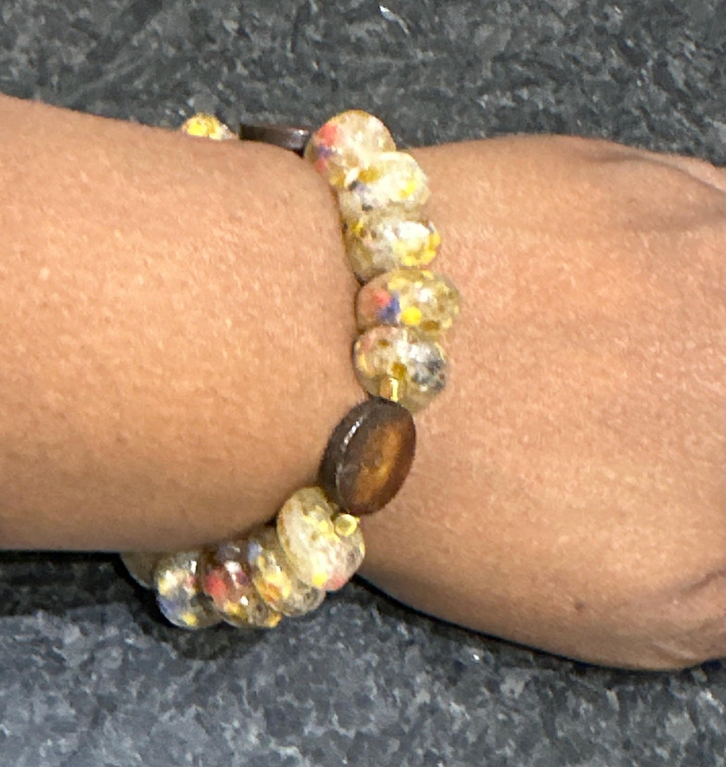 Yellow Recycled Glass Beaded Bracelet | Boho Wood Accent Jewelry