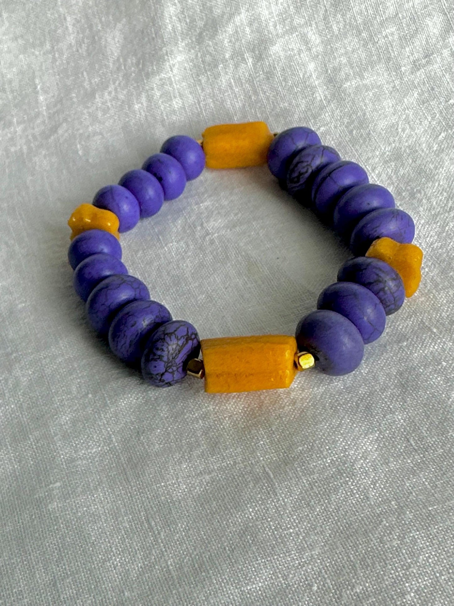 Purple and Gold Unisex Ceramic and Krobo Beaded Stackable Bracelets
