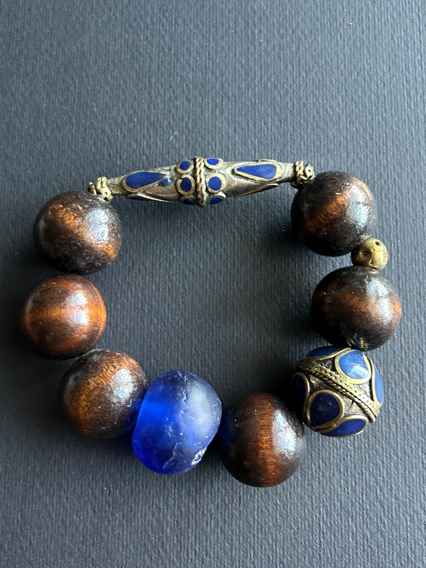 Large Brown Wood Unisex Beaded Bracelet with Gold Matte Agate Beads