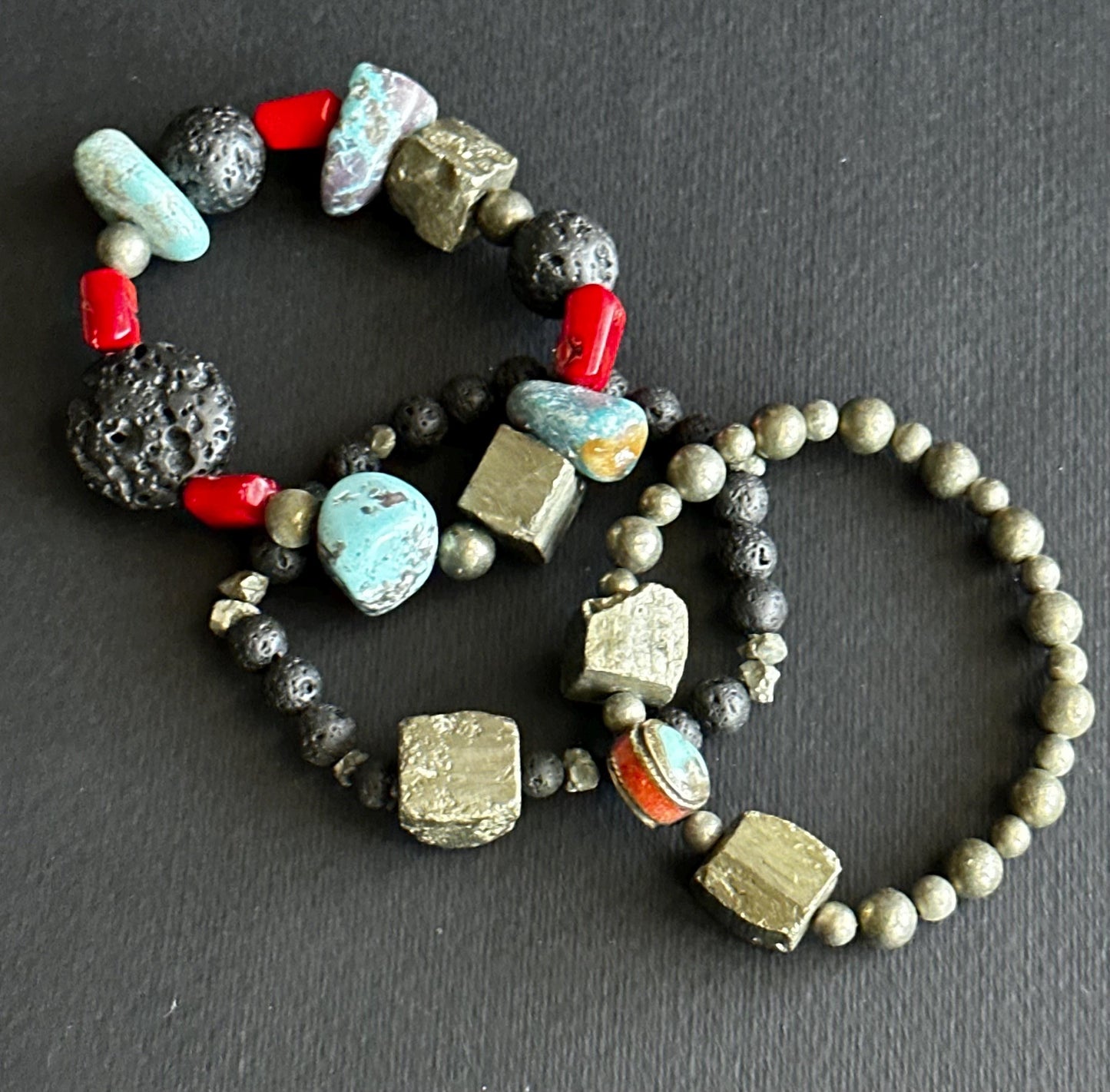 Boho Lava & Turquoise Beaded Bracelet | Pyrite Accent, Handmade