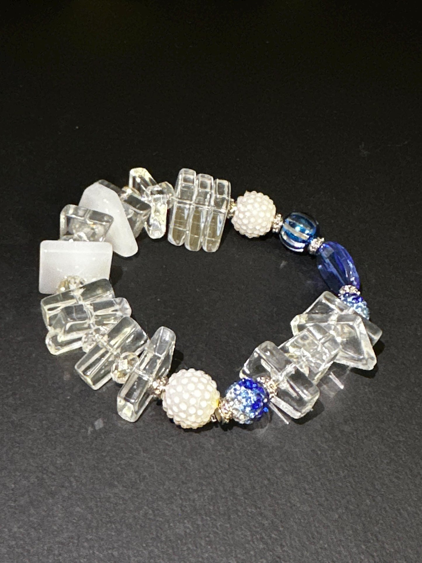 Handmade Blue Art Glass Bracelet • Acrylic Geometric Beads, Pearl Accents