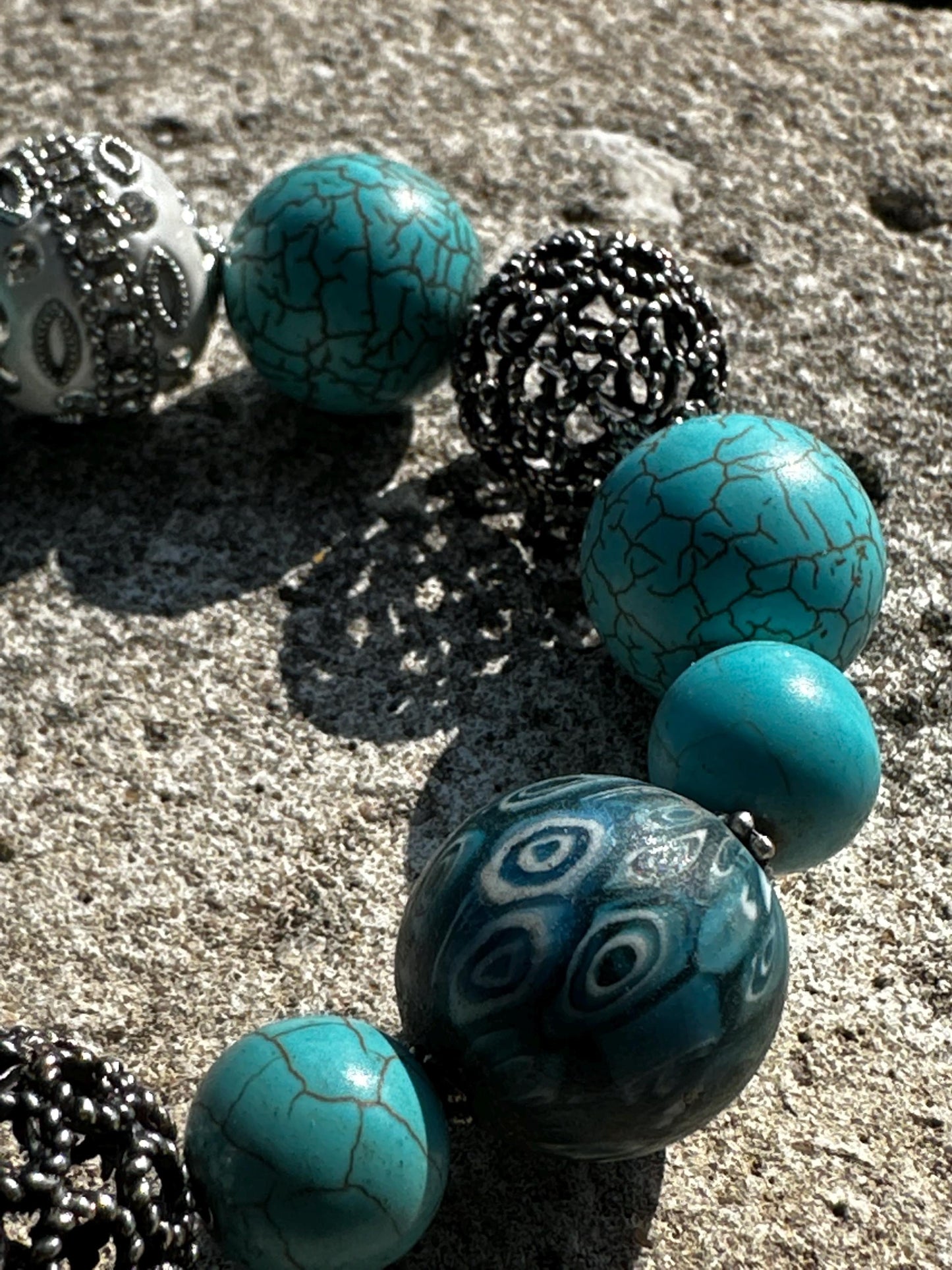 Turquoise Howlite Beaded Bracelet with Embellished White and Silver Metal Beads