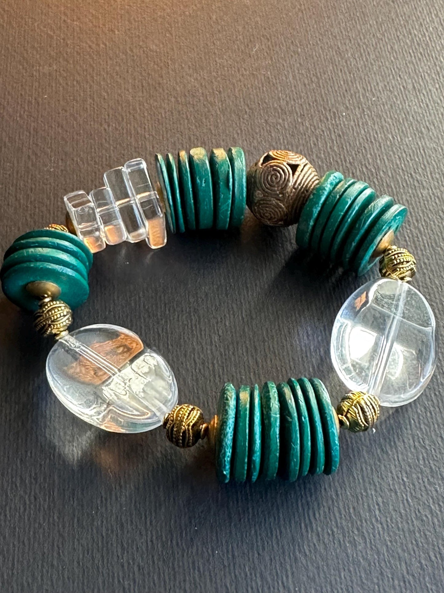 Green Gold and Bold Mixed Shaped Wood Brass and Glass Bracelet
