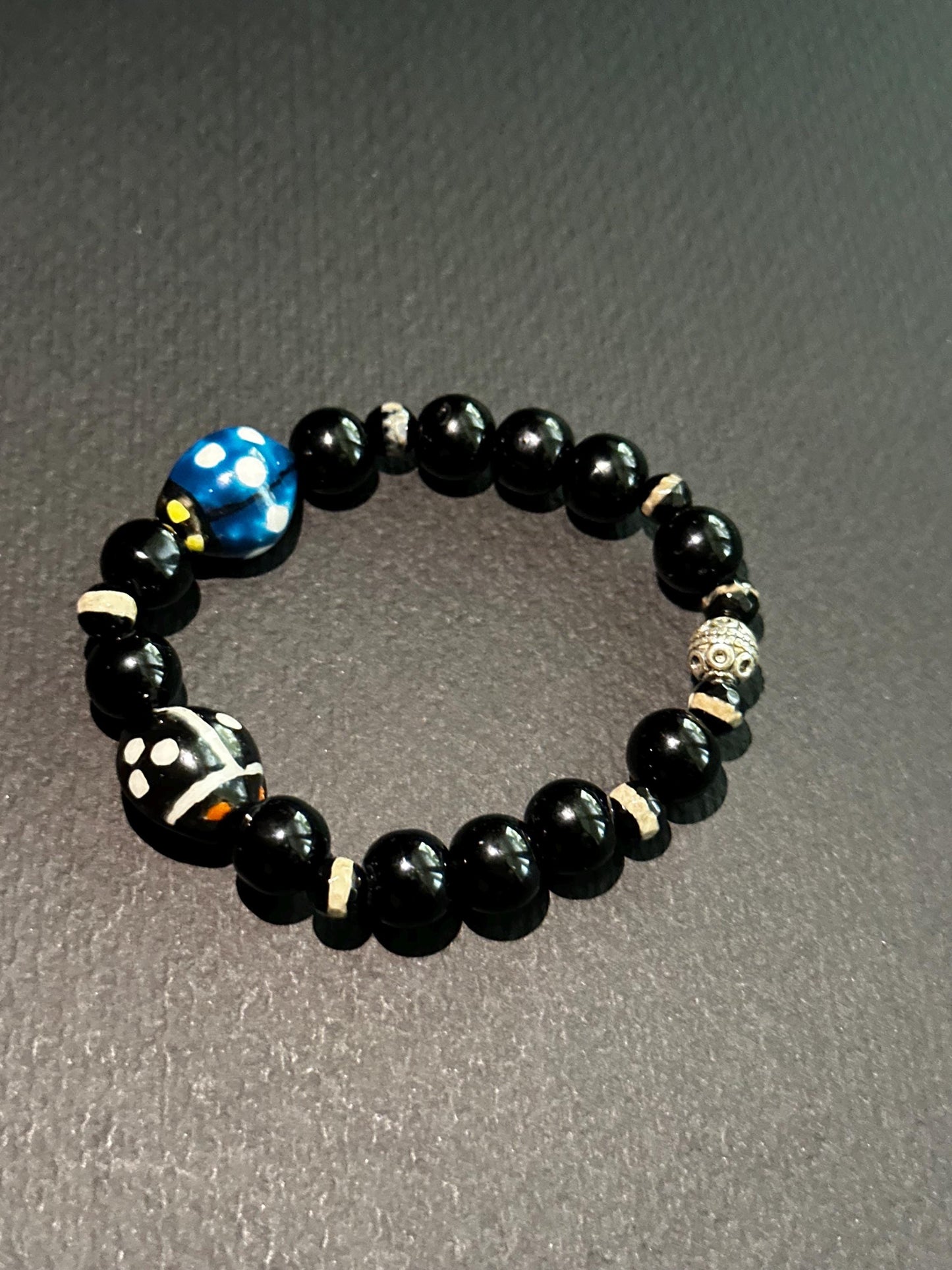 Ladybug Beaded Bracelet: Black, White & Blue Glass Ceramic - 7.5"