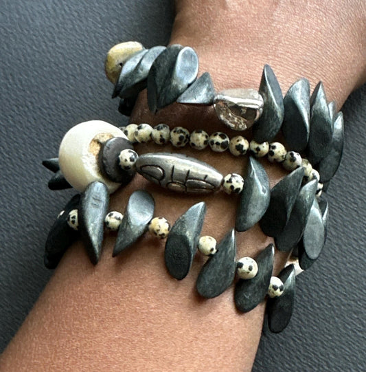 Black Wood Nugget Bracelet: Silver & Dalmatian Accent Beads, Handmade