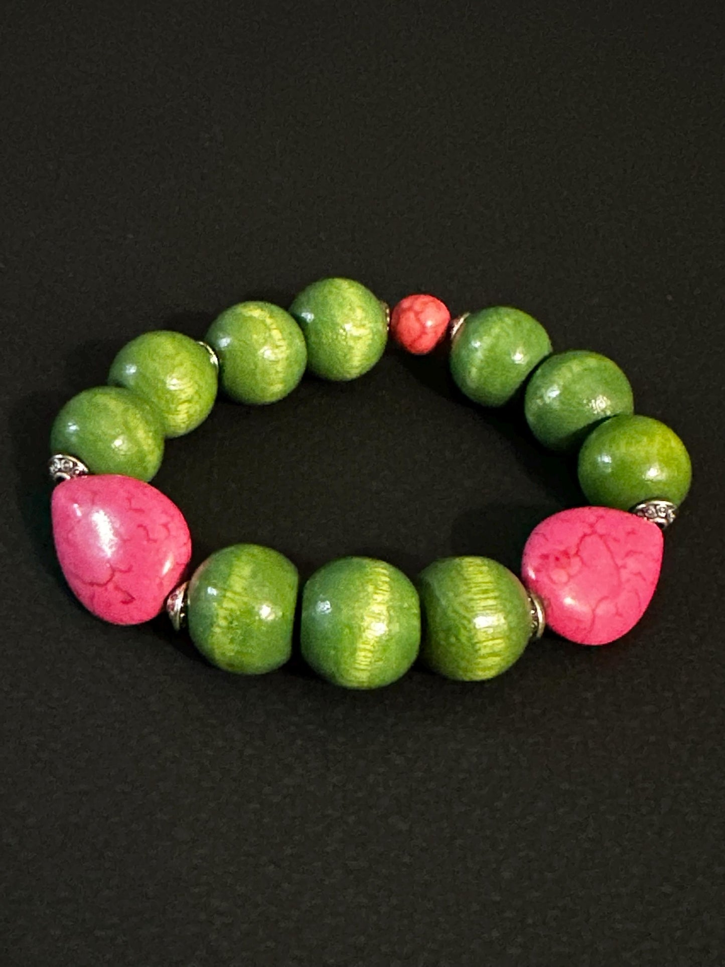 Pink Wood and Green Ceramic Bracelet | Handmade Jewelry | Beaded Bracelet by Trecie’s Shoppe