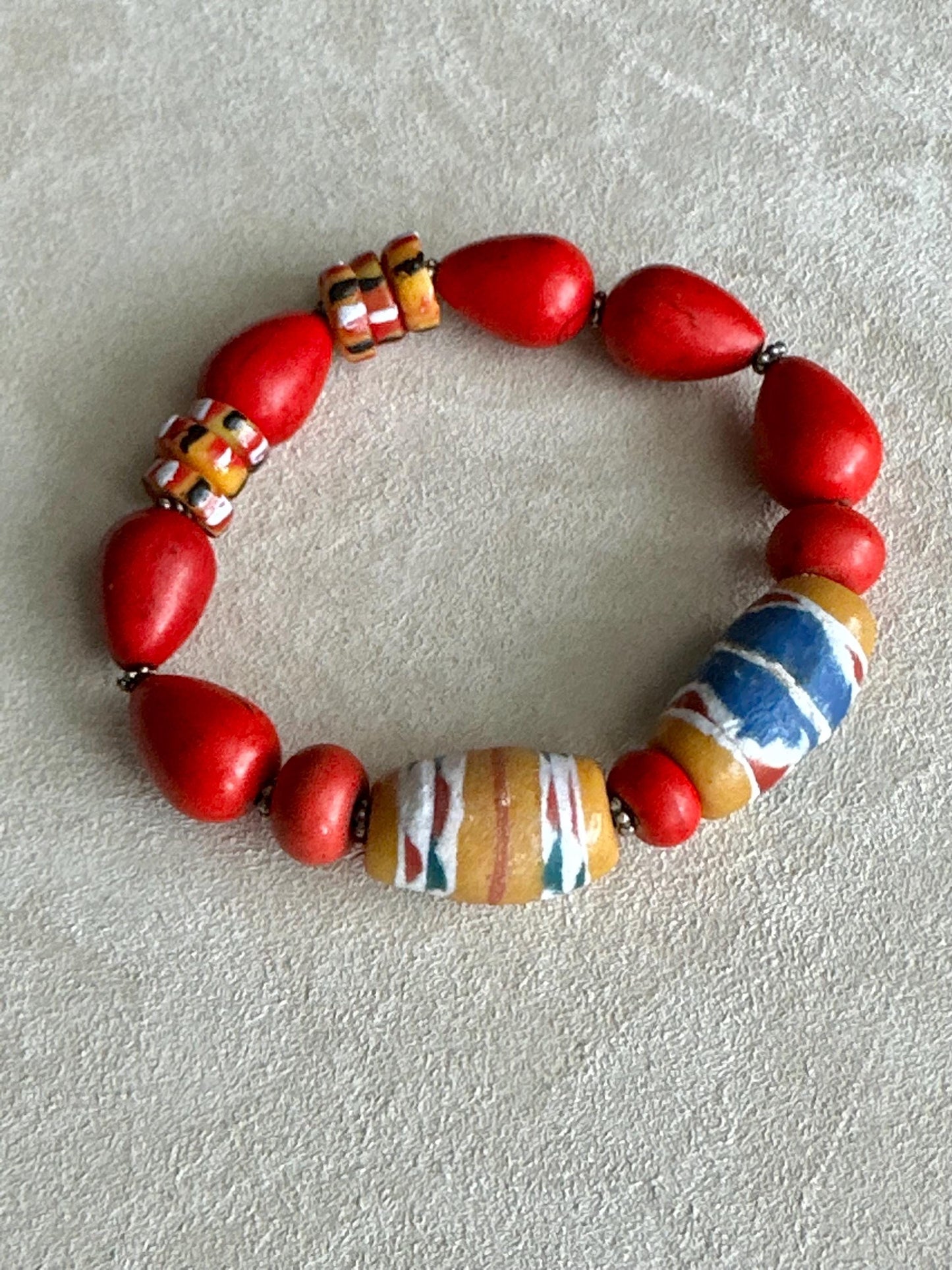 Red Teardrop Beaded Bracelet | Bronze Disc Boho Jewelry