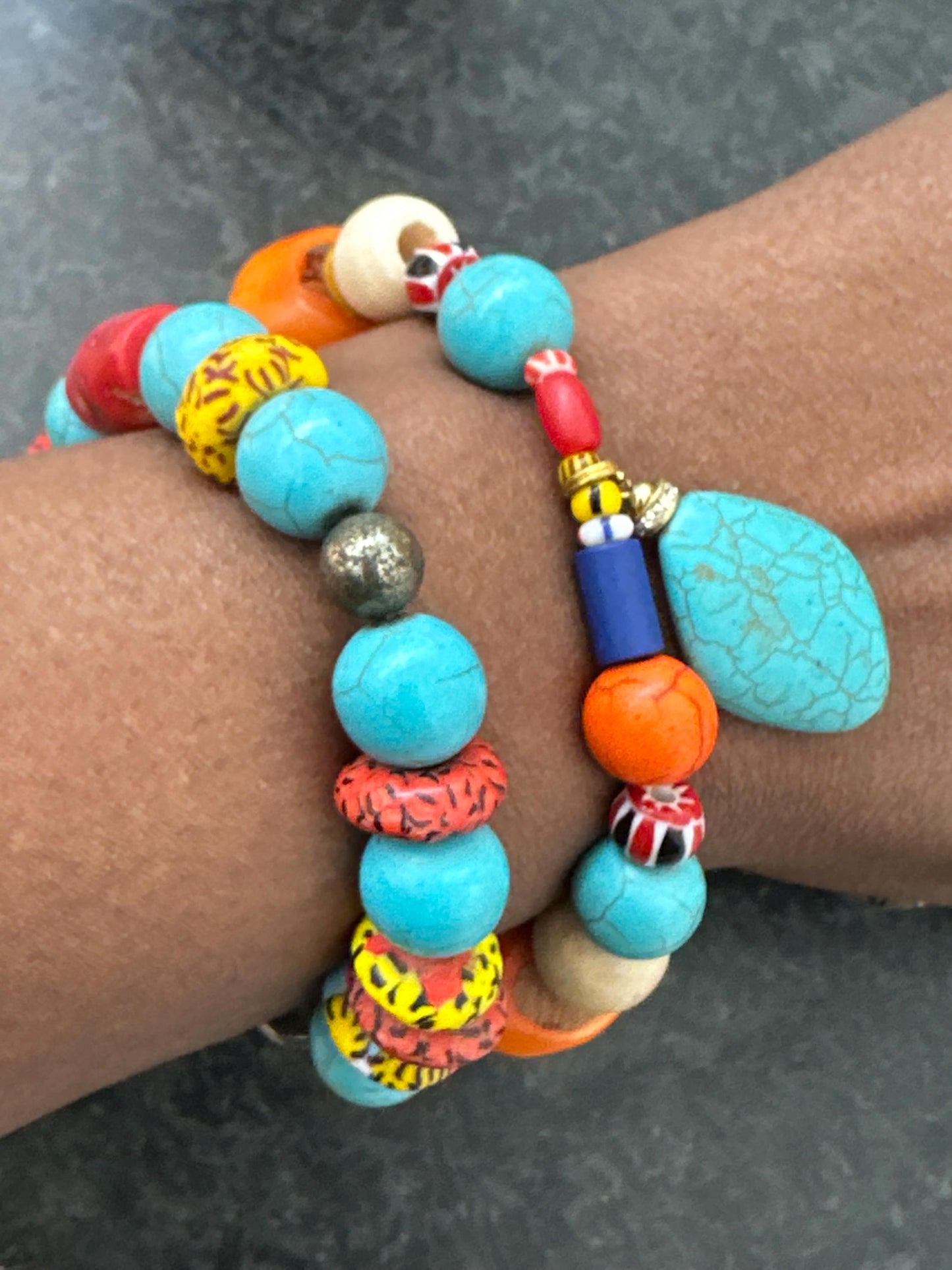 Turquoise Howlite Bracelet: Recycled African Glass & Silver Sundial - Boho Unisex