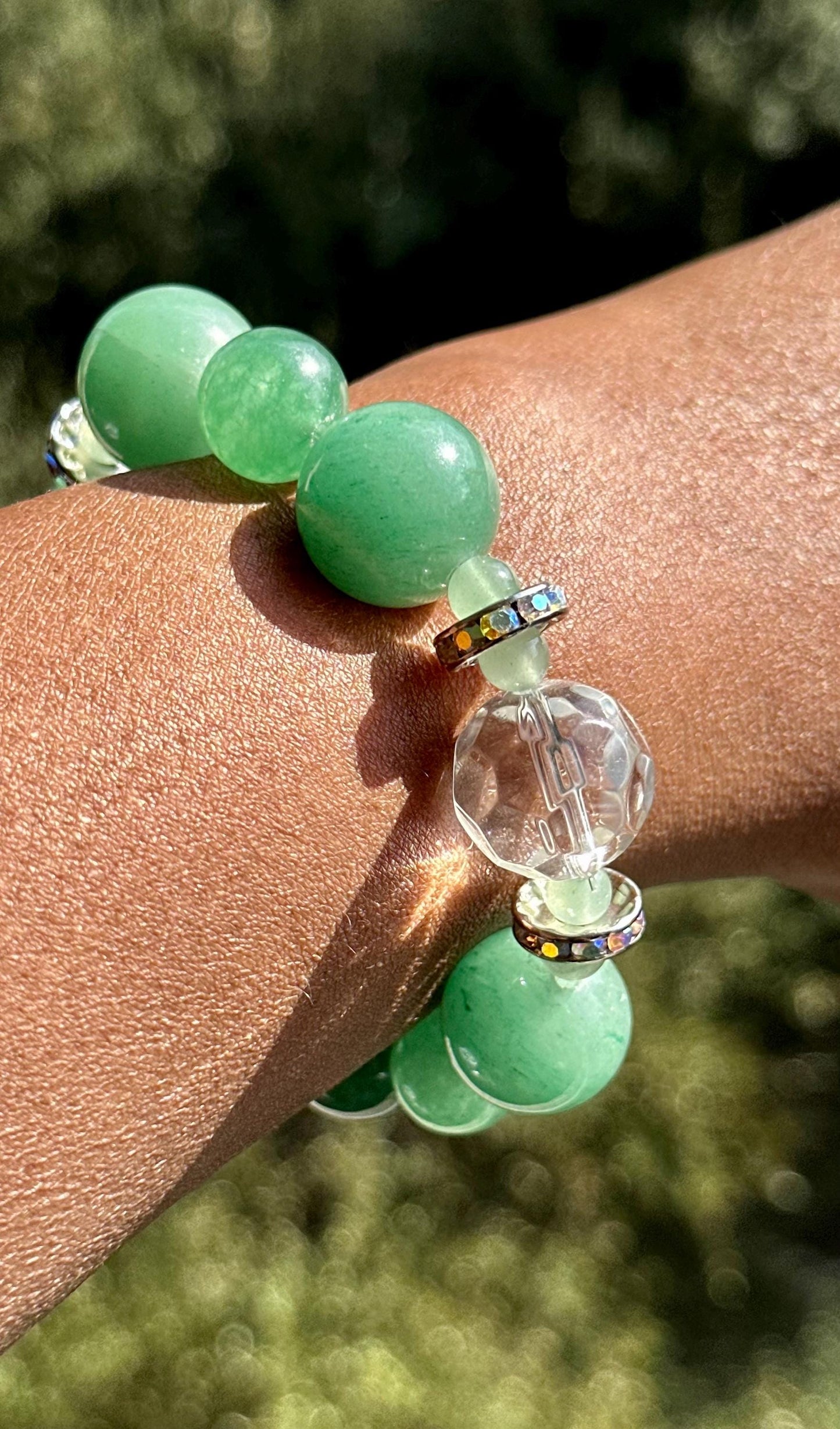 Chunky Green Aventurine Bracelet with Clear and Rhinestone Accent Beads