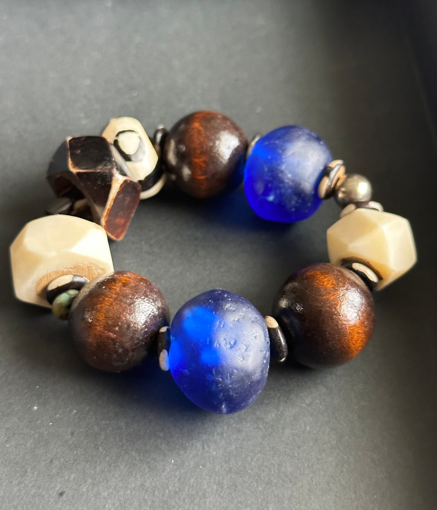 Chunky Brown and Cream Wood Bone and Glass Unisex Beaded Bracelet