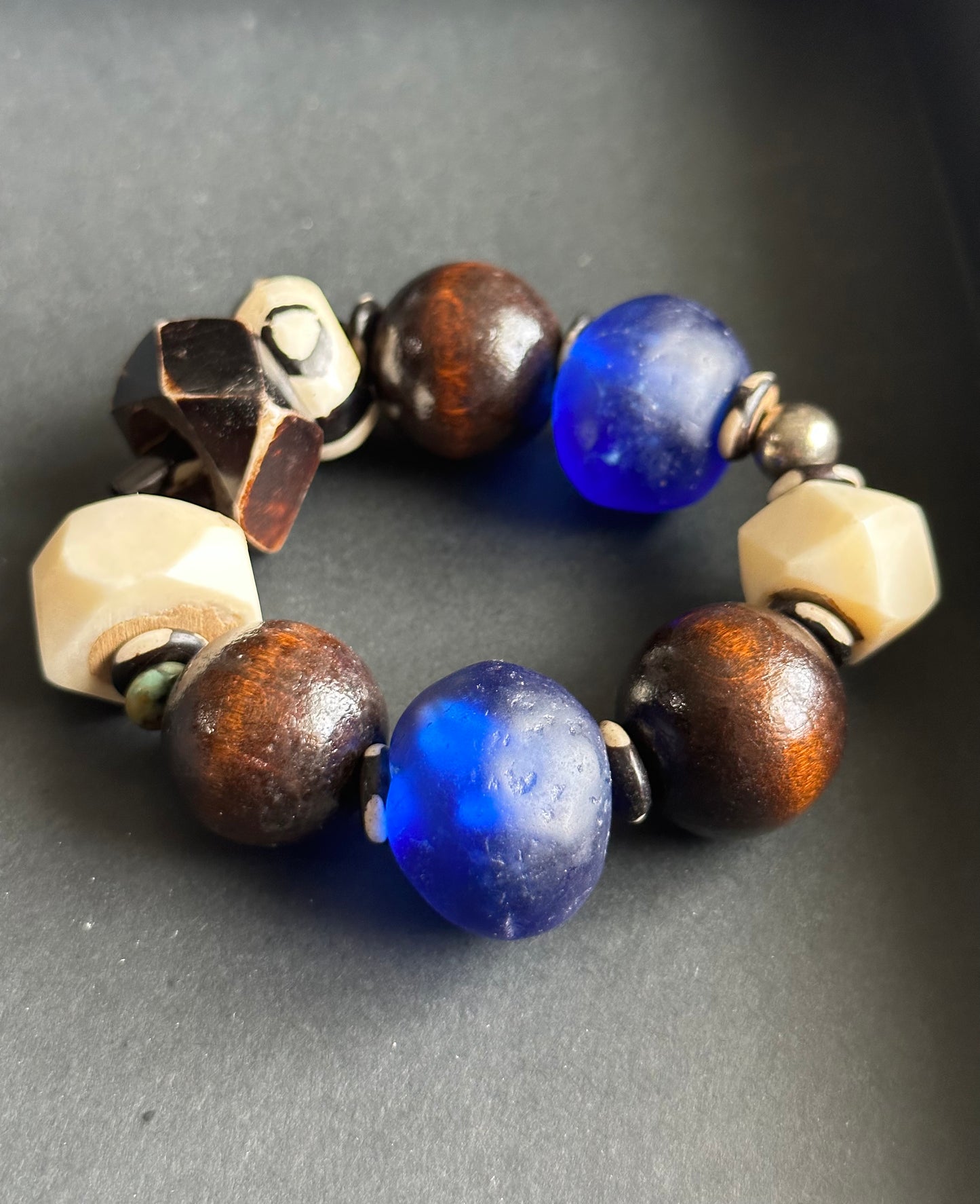 Chunky Brown and Cream Wood Bone and Glass Unisex Beaded Bracelet