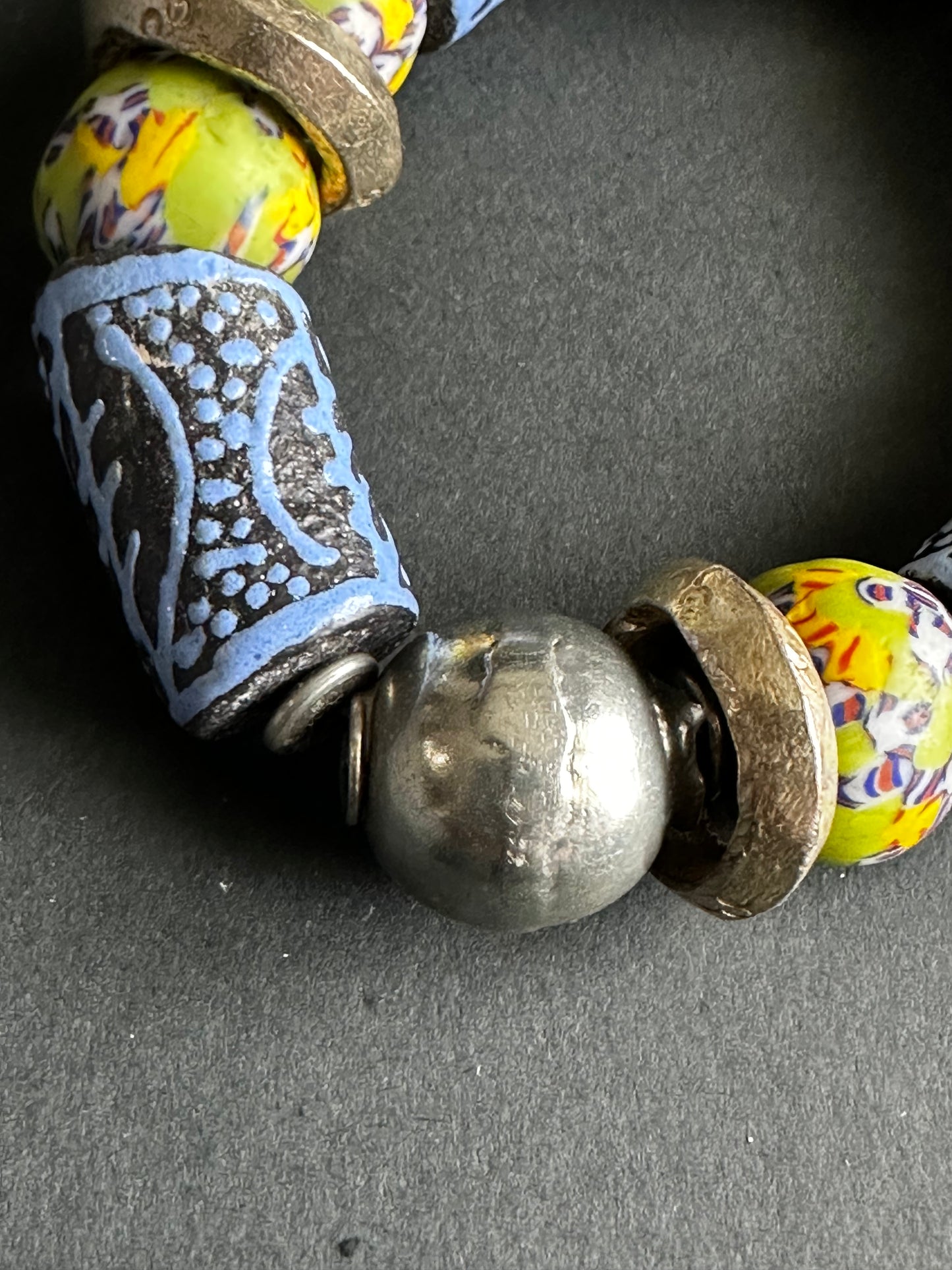 African Trade Bead Bracelet | Handcrafted Unisex Ethnic Bracelet | Blue Engraved Tube Beads, Yellow Millefiori Glass, Rustic Metal Accents |