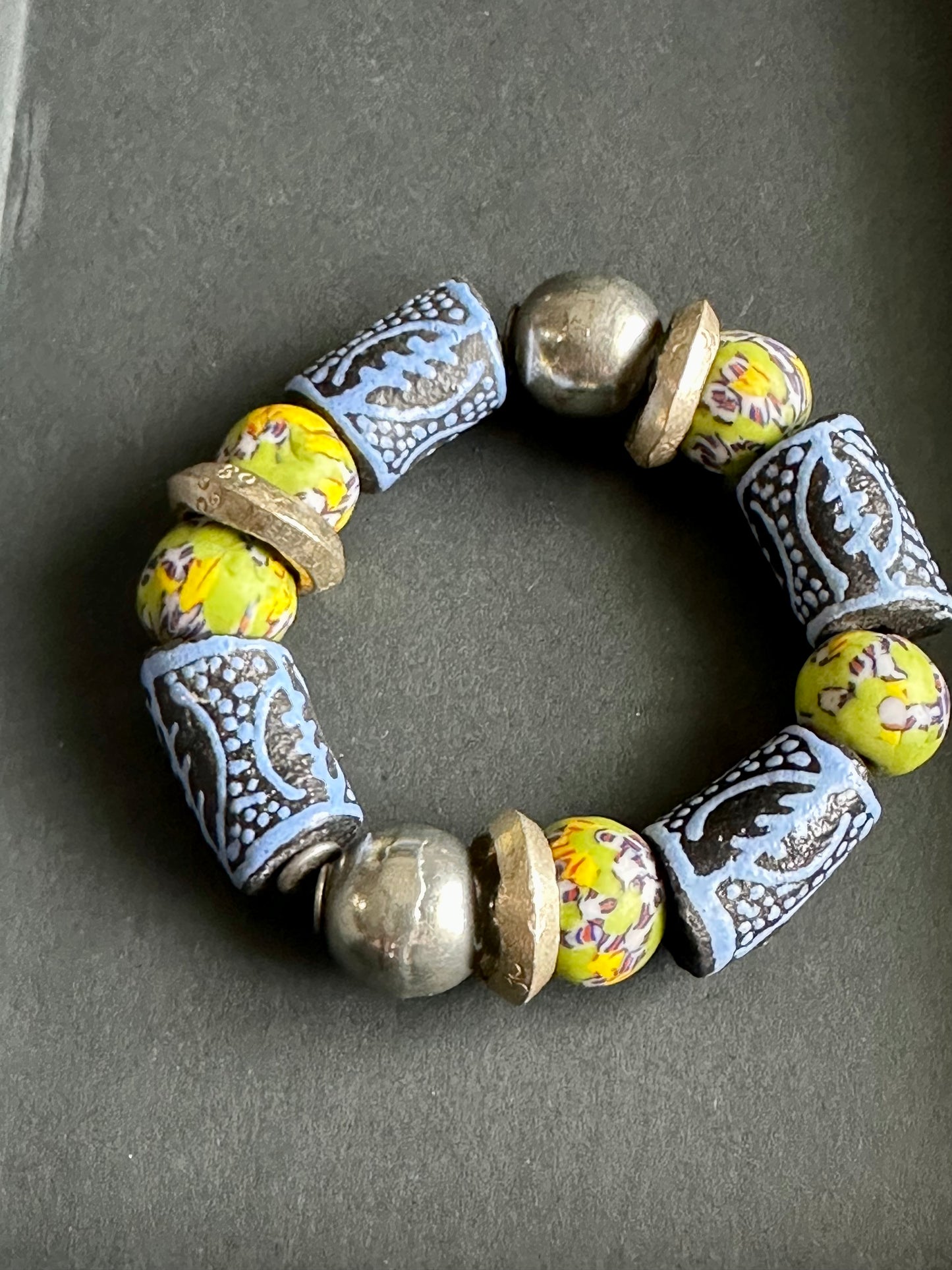 African Trade Bead Bracelet | Handcrafted Unisex Ethnic Bracelet | Blue Engraved Tube Beads, Yellow Millefiori Glass, Rustic Metal Accents |