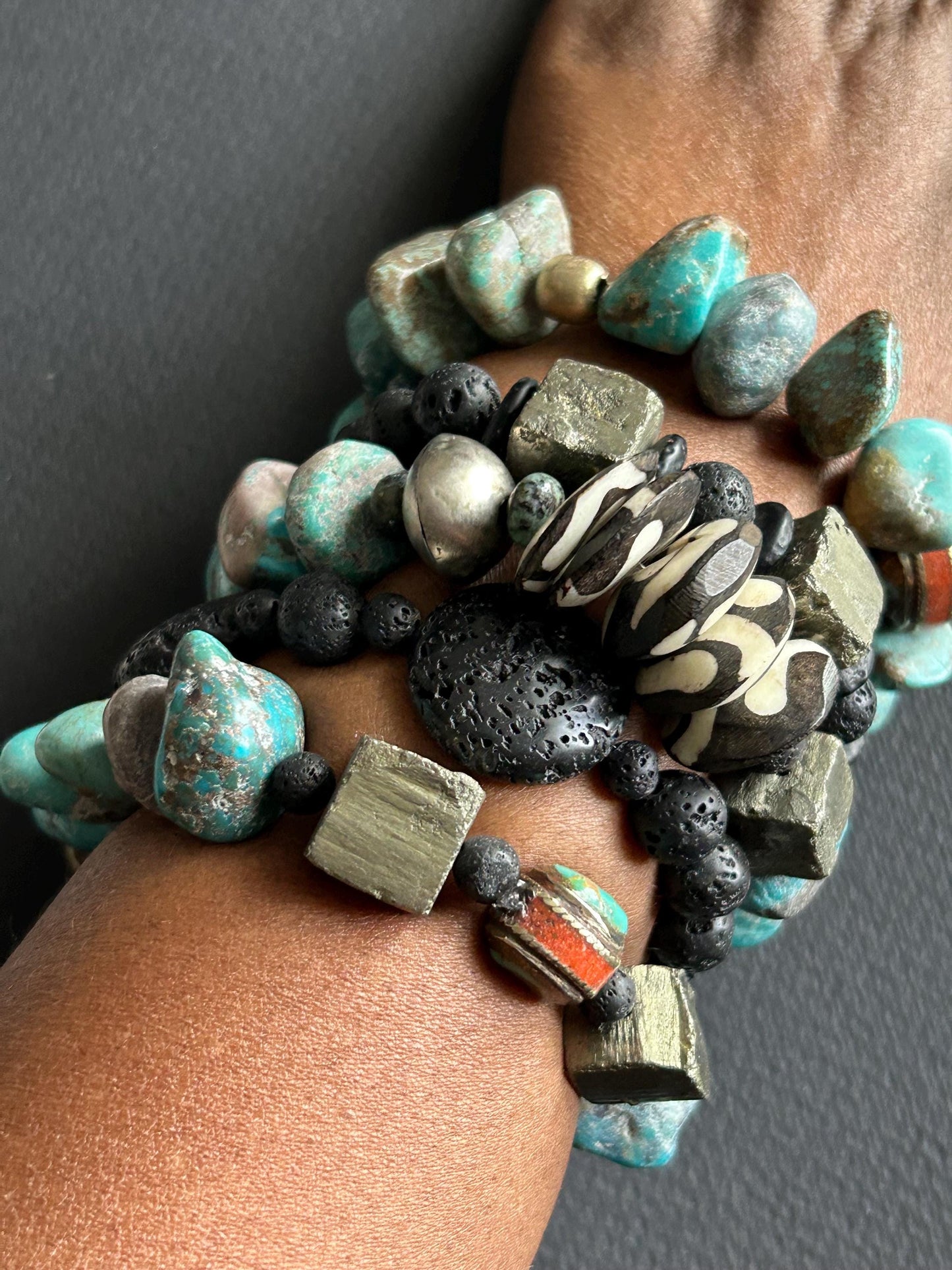 Turquoise & Pyrite Statement Bracelet | One-of-a-Kind Boho Unisex Jewelry | Lava Stone Accent | Handmade by Attrice