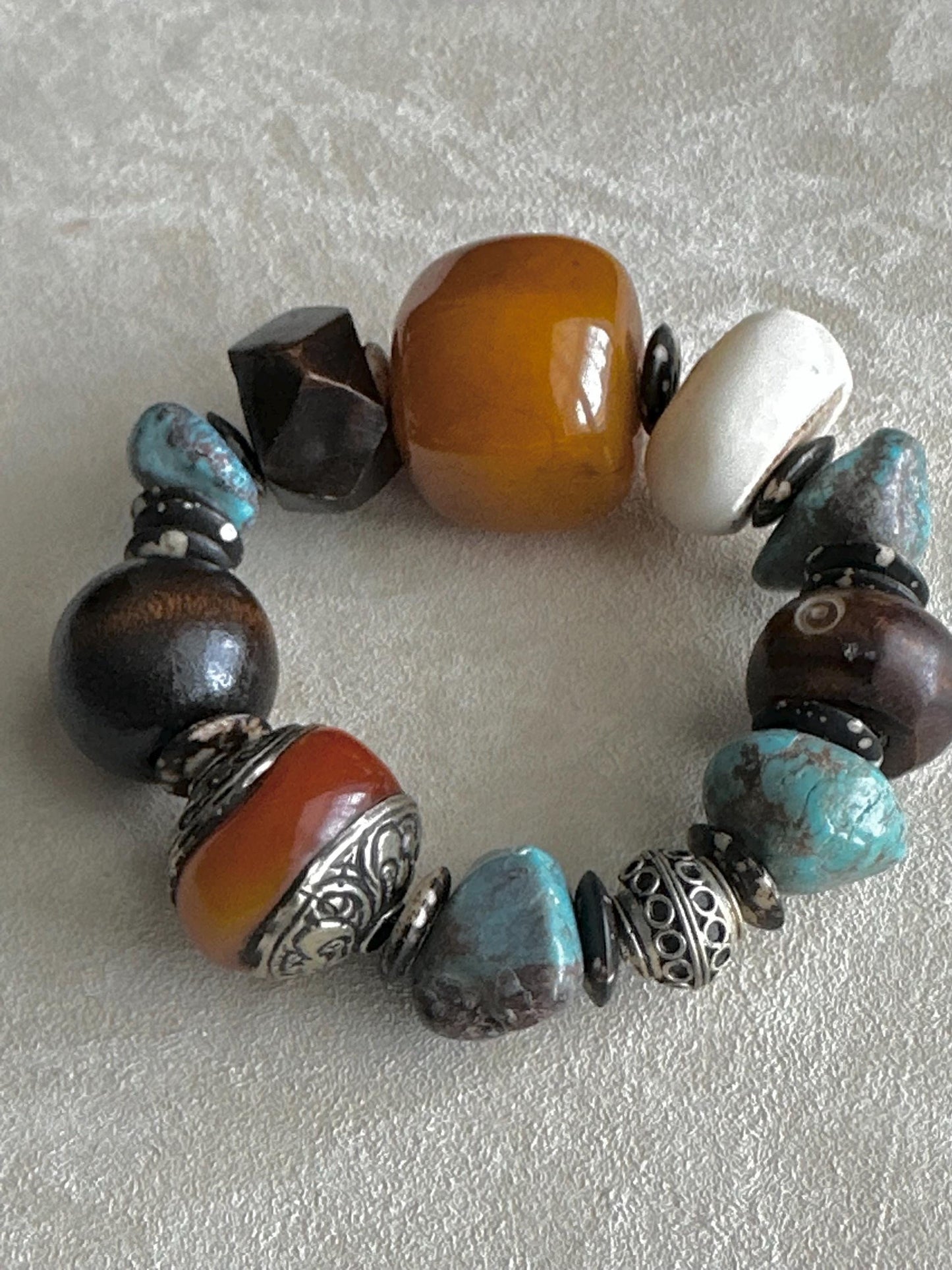 Handcrafted Tribal Boho Bracelet • Chunky Orange Focal Bead, Bone & Turquoise
