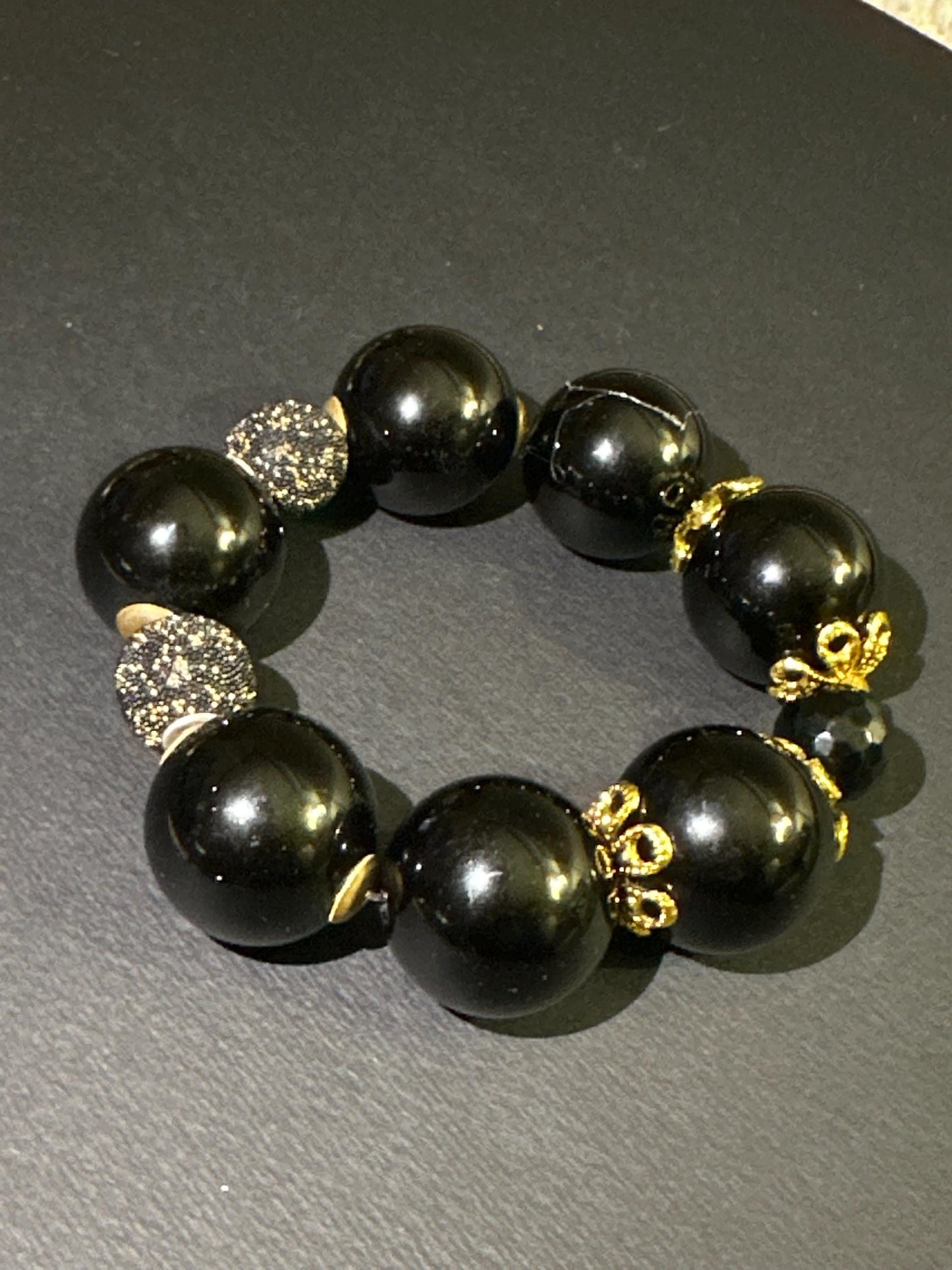Handmade Chunky 24 mm Black Beads and Gold Unisex Beaded Statement Stretch Bracelet