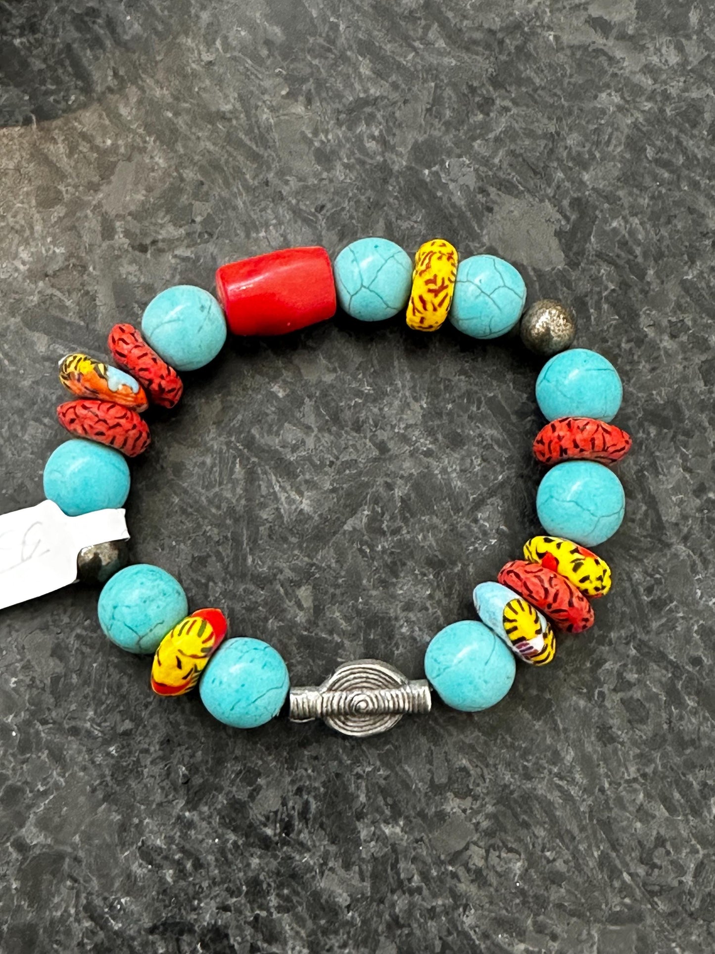 Turquoise Howlite Bracelet: Recycled African Glass & Silver Sundial - Boho Unisex