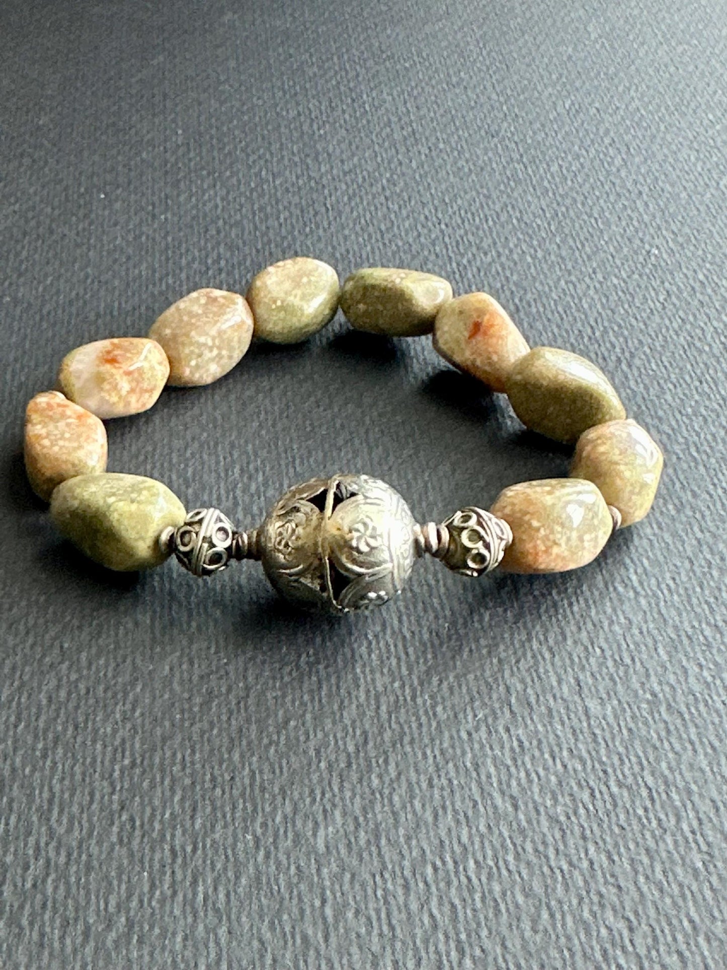 Earthtone Nugget Bracelet: Ornate Silver Focal, Handmade Gemstone Beads