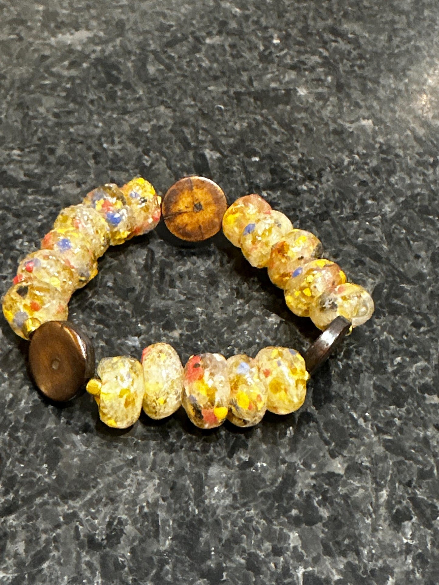 Yellow Recycled Glass Beaded Bracelet | Boho Wood Accent Jewelry