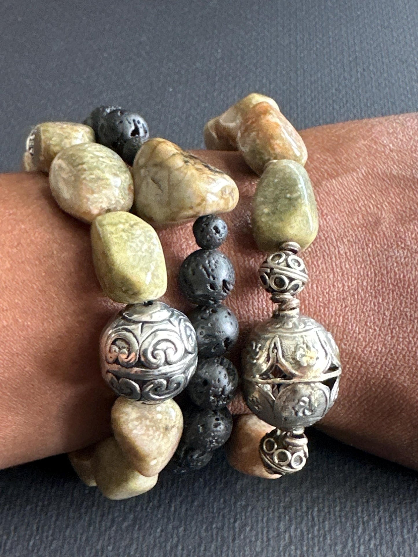 Earthtone Nugget Bracelet: Ornate Silver Focal, Handmade Gemstone Beads