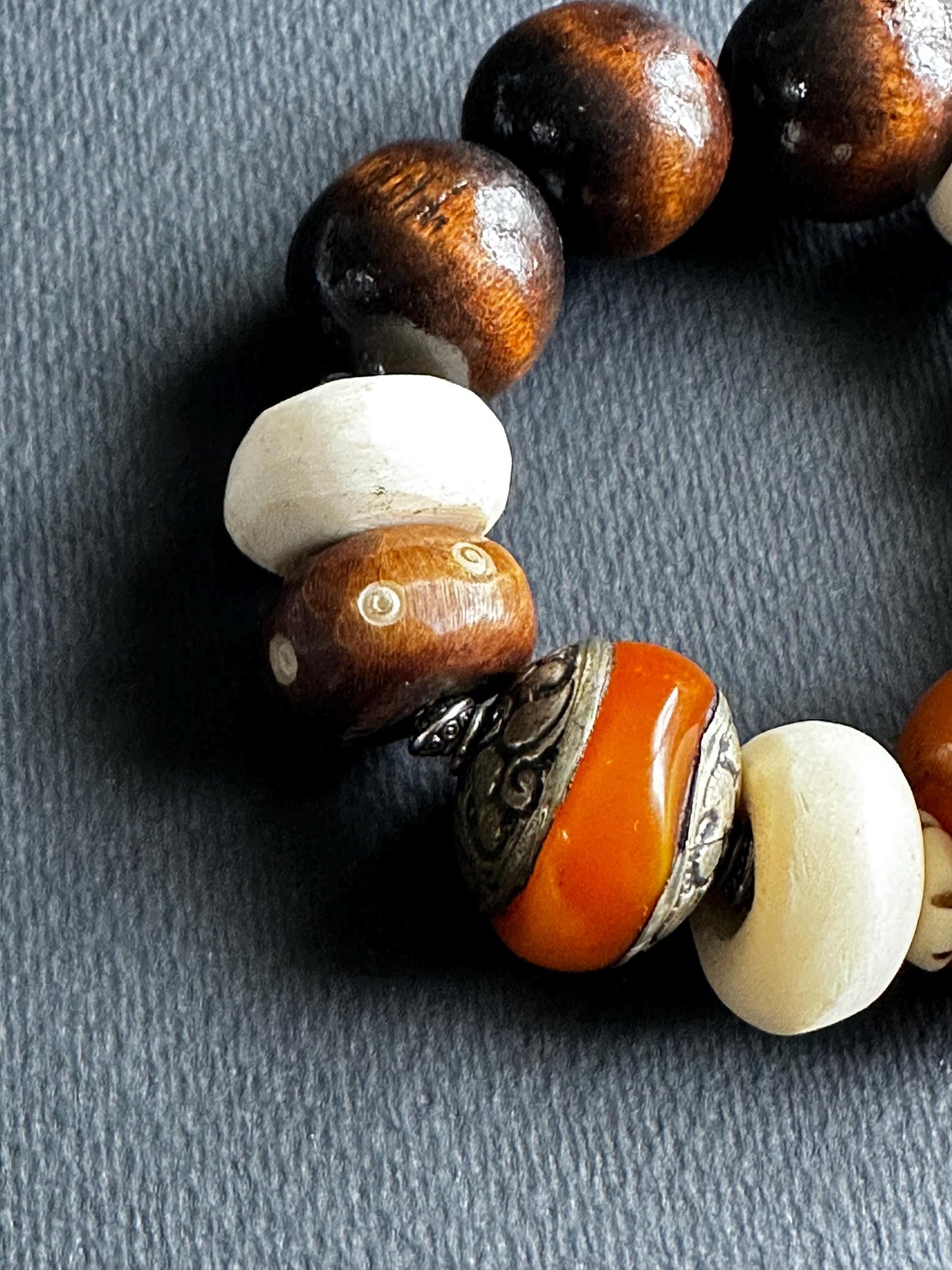 Earthy Unisex Beaded Bracelet • Orange Resin, Bone, Wood, Metal • 7.5 Inch