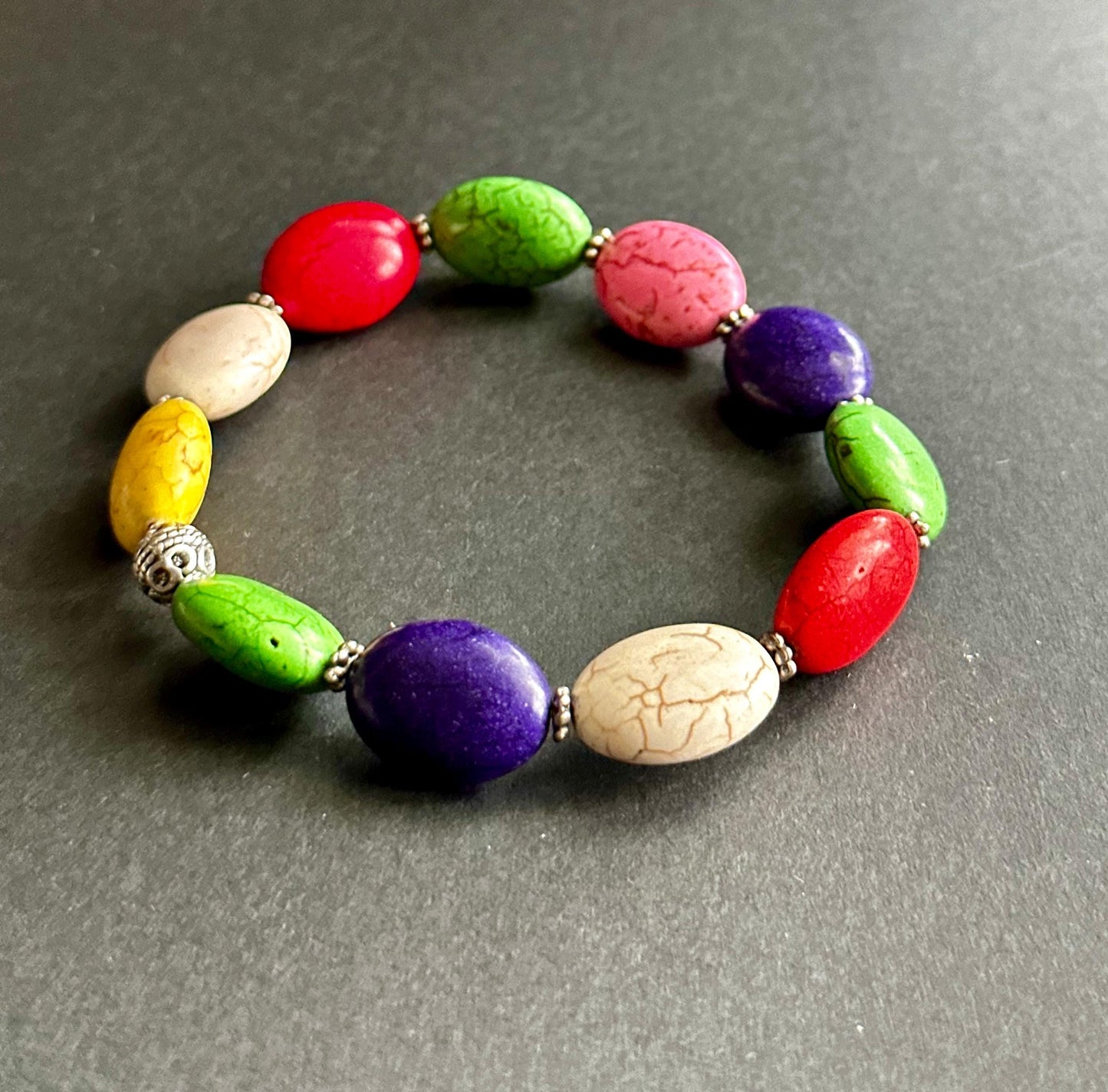 Multi-Color Oval Ceramic Beaded Bracelet | Silver Accents | Handmade by Attrice | Fun & Flirty | OOAK | 7.5"