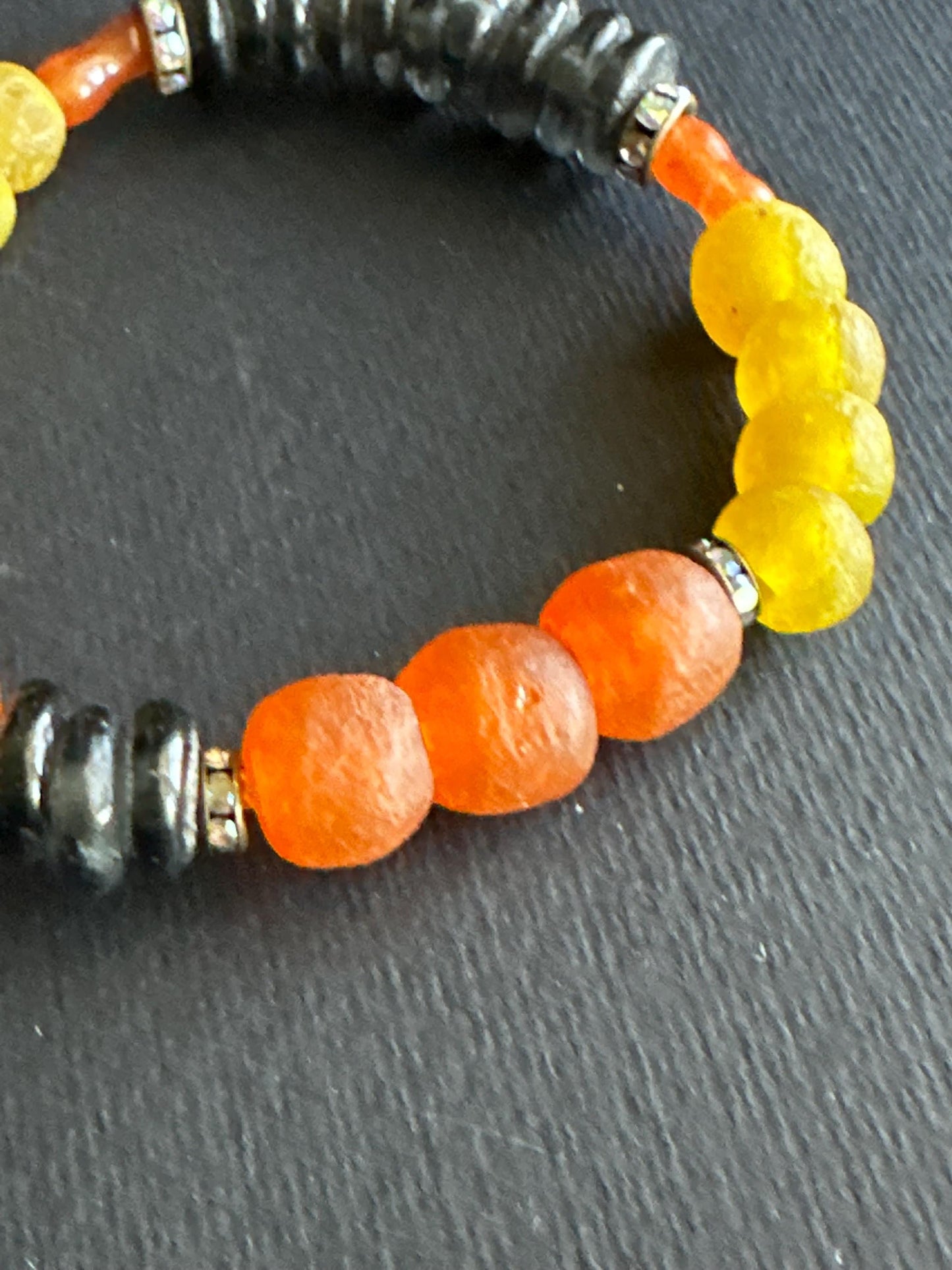 Brown Orange and Yellow Recycled African Glass Bead Bracelet | Boho Unisex Stretch Bracelet | Earthy Statement Jewelry