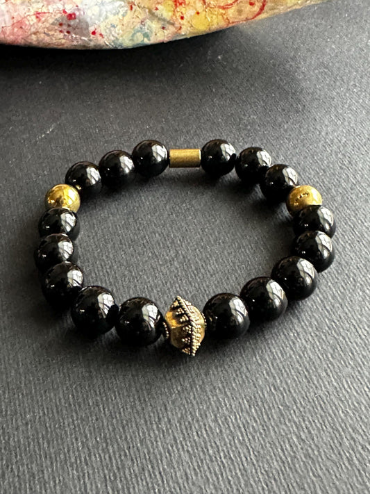 Black Jasper Beaded Bracelet with Vermeil Bead