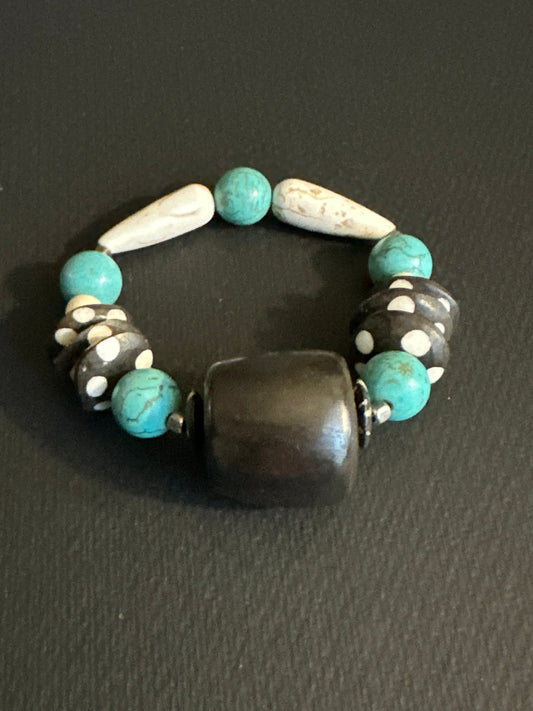 Turquoise Colored Brown and Cream Large Chunky Beaded Bracelet