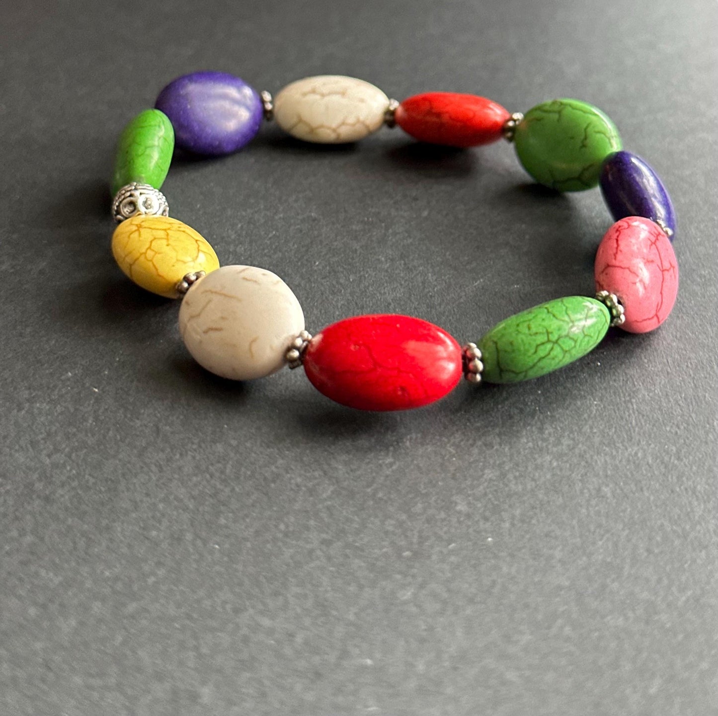 Multi-Color Oval Ceramic Beaded Bracelet | Silver Accents | Handmade by Attrice | Fun & Flirty | OOAK | 7.5"