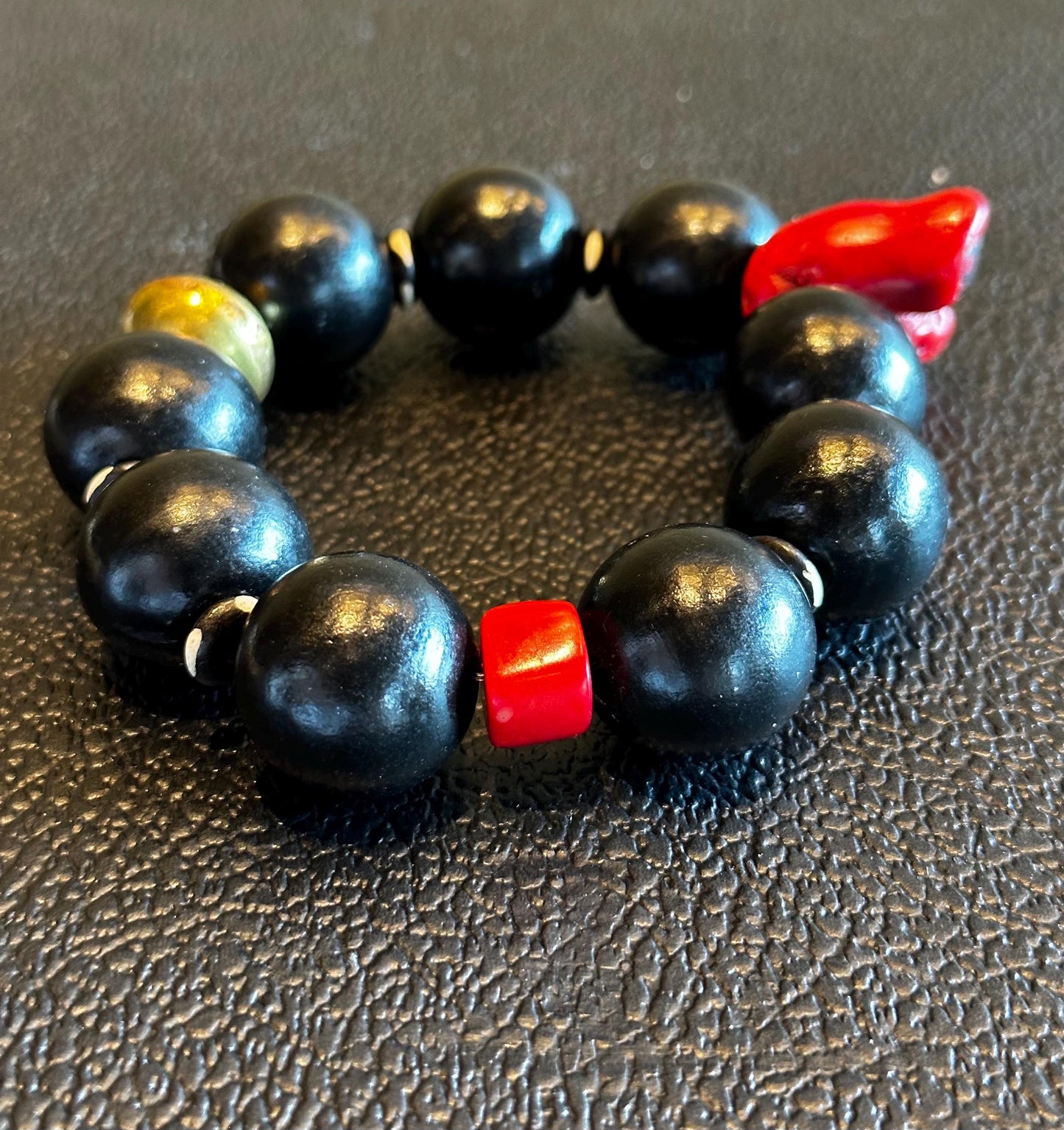 Handmade Black and Red Coral Beaded Statement Stretch Bracelet