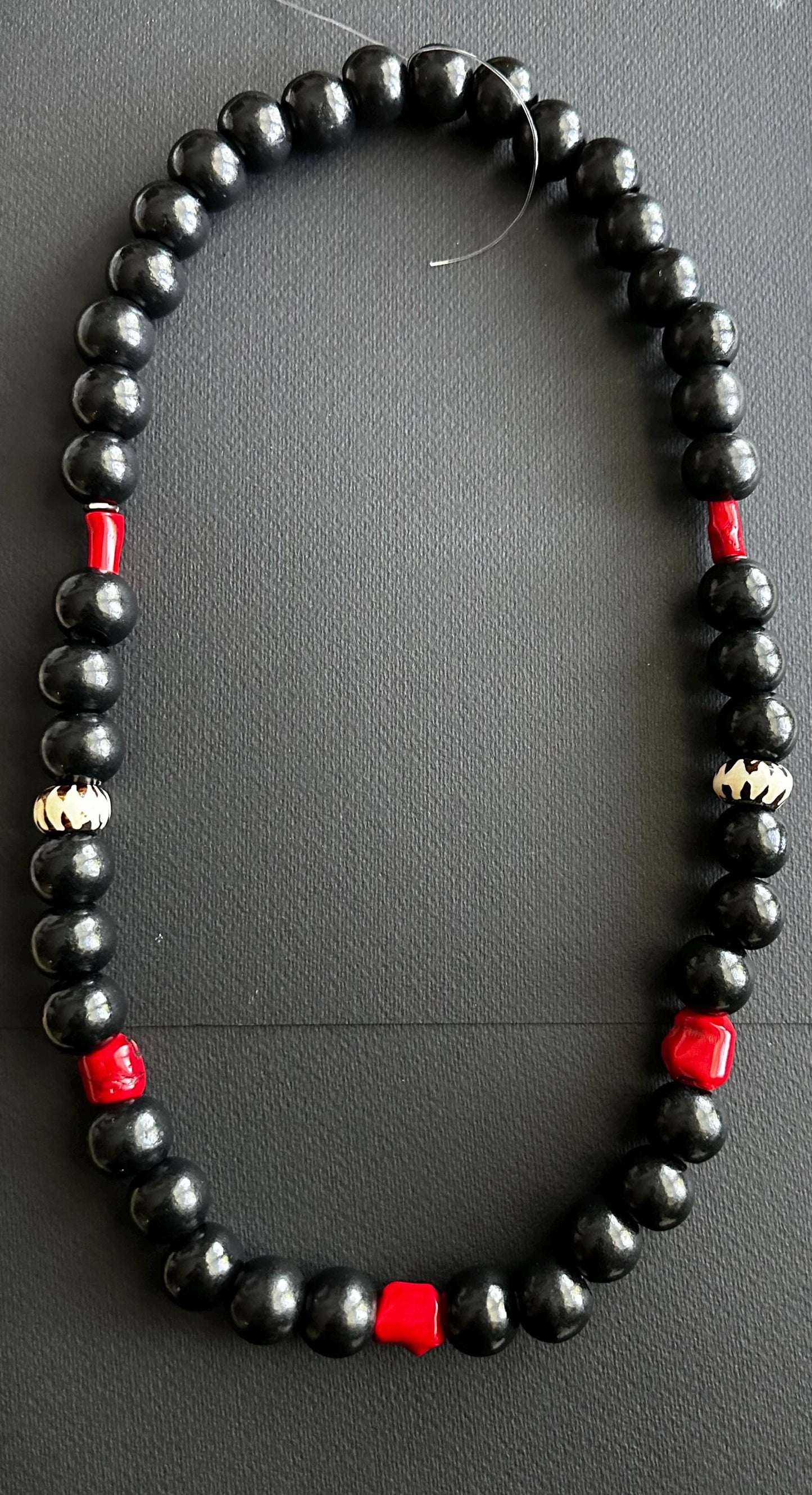 Black (24 mm) Wooden Beads and Red Coral Beaded Necklace