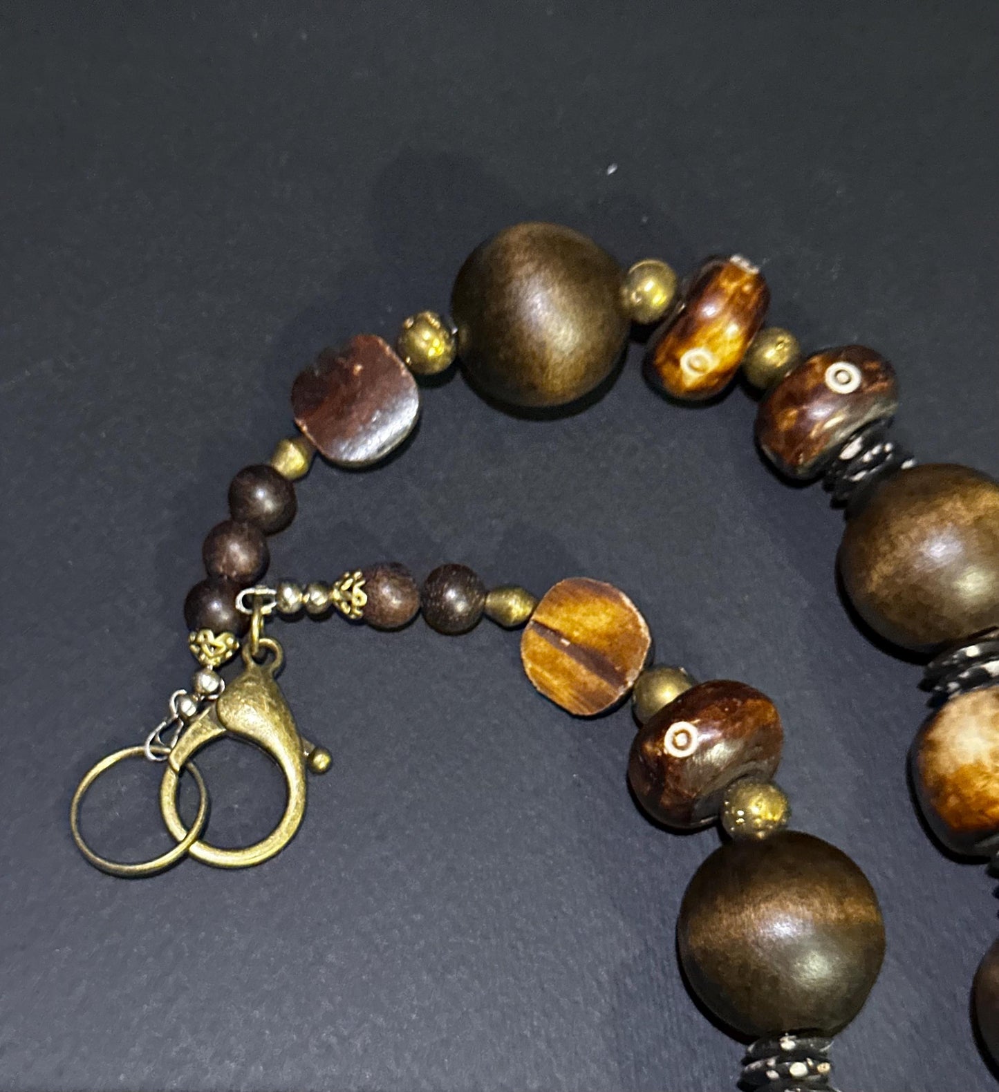 Brown (24 mm) Wooden Beads and with Bone and  Brass Sundial  Beaded Necklace