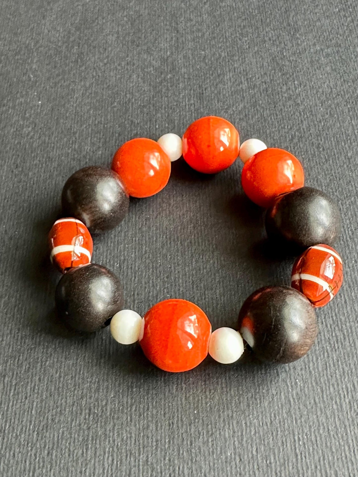 Football Beaded Bracelet: Espresso Wood & Ceramic - Game Day Jewelry