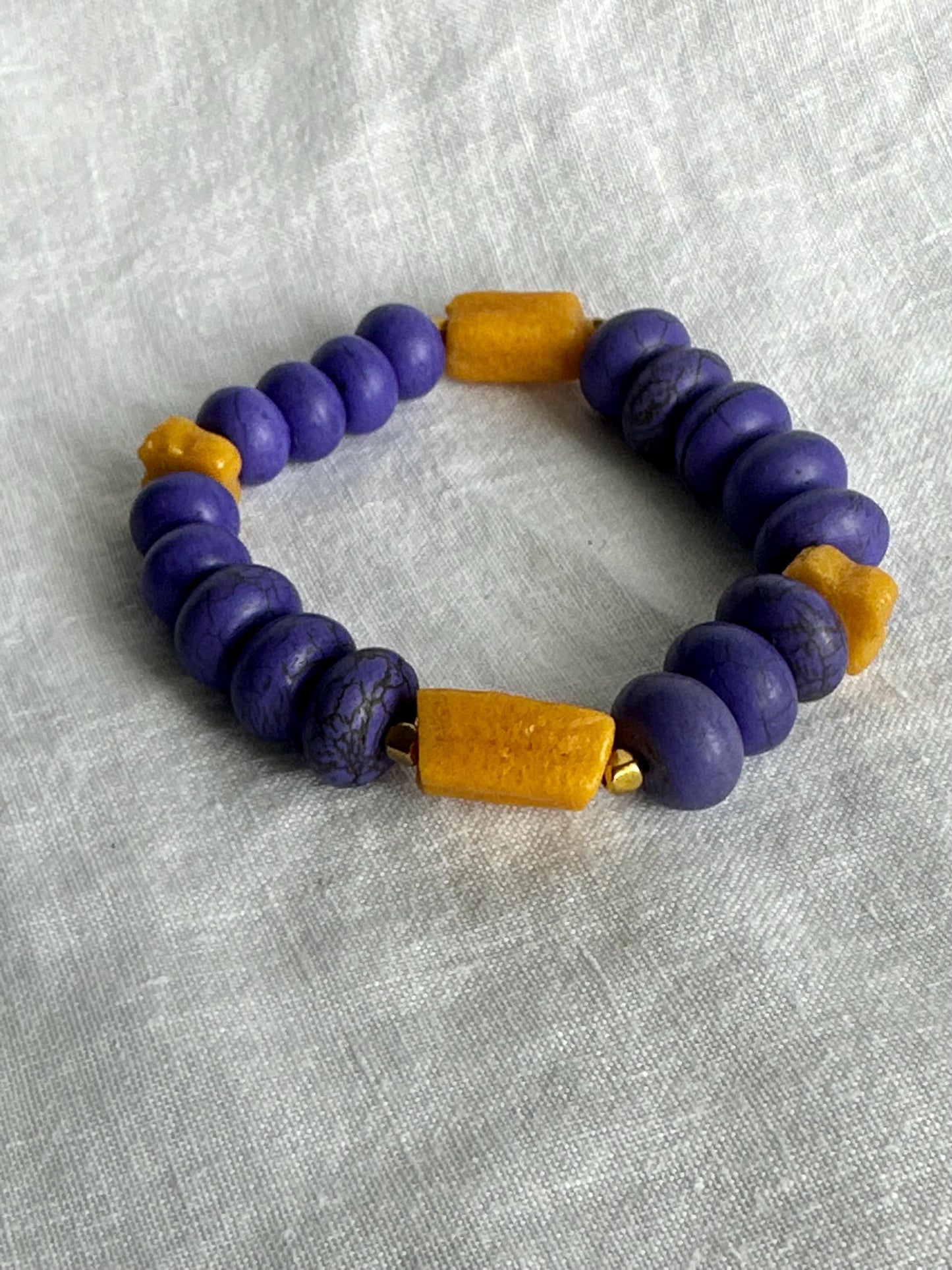 Purple and Gold Unisex Ceramic and Krobo Beaded Stackable Bracelets