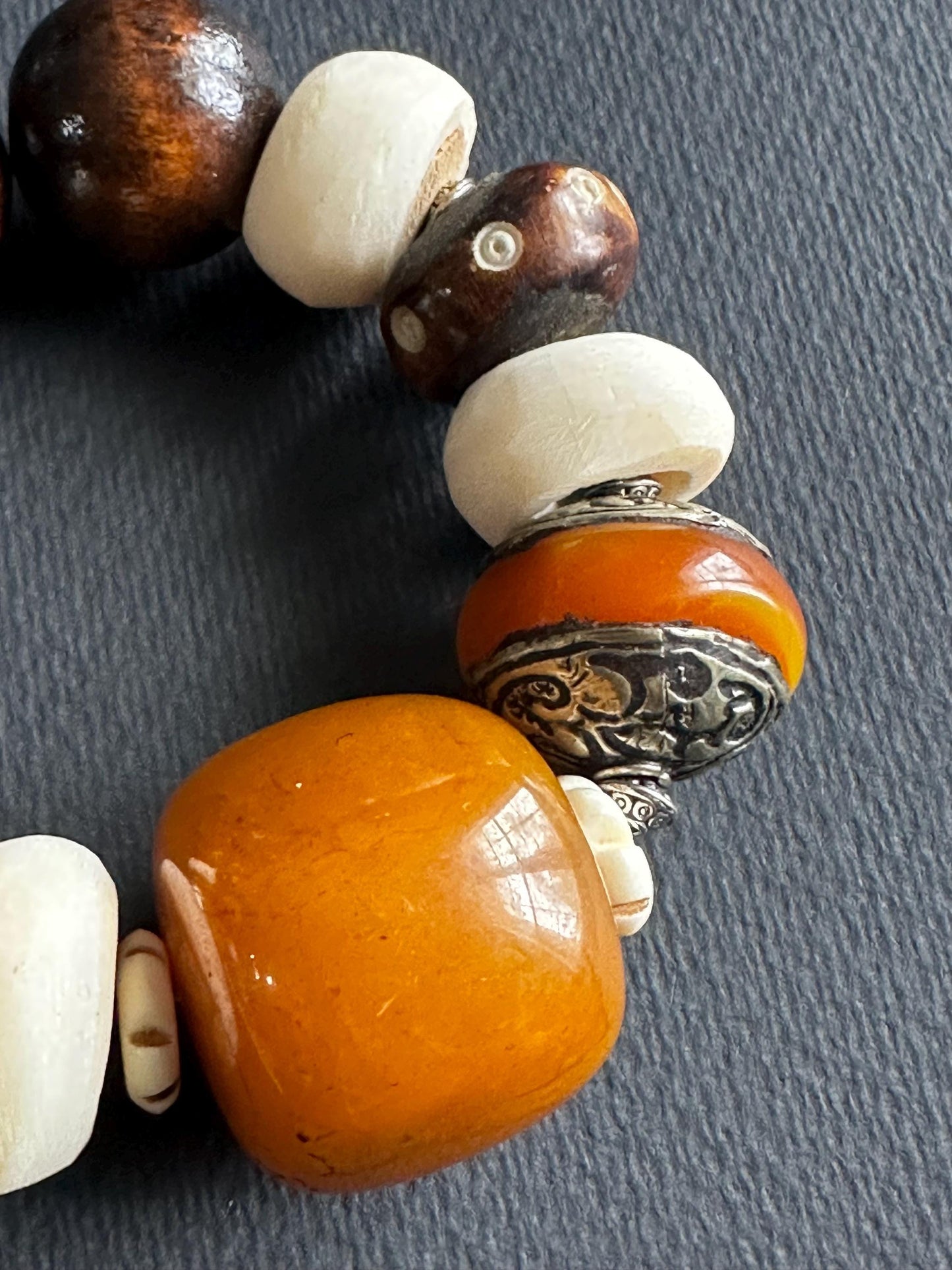 Earthy Unisex Beaded Bracelet • Orange Resin, Bone, Wood, Metal • 7.5 Inch