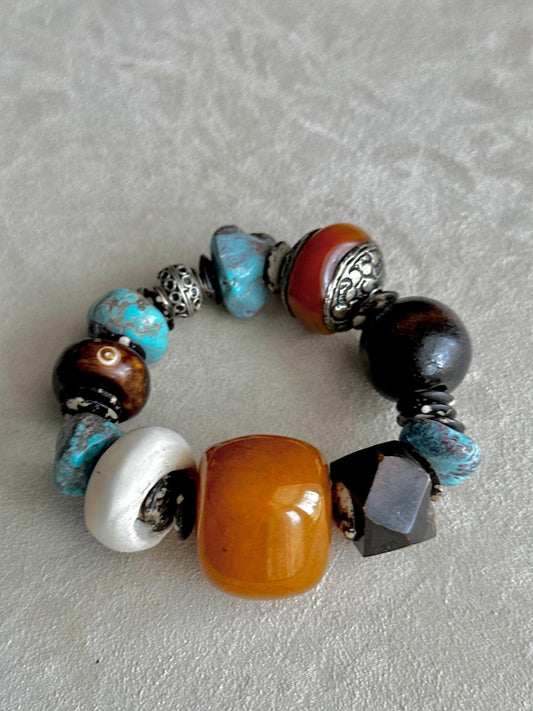 Handcrafted Tribal Boho Bracelet • Chunky Orange Focal Bead, Bone & Turquoise