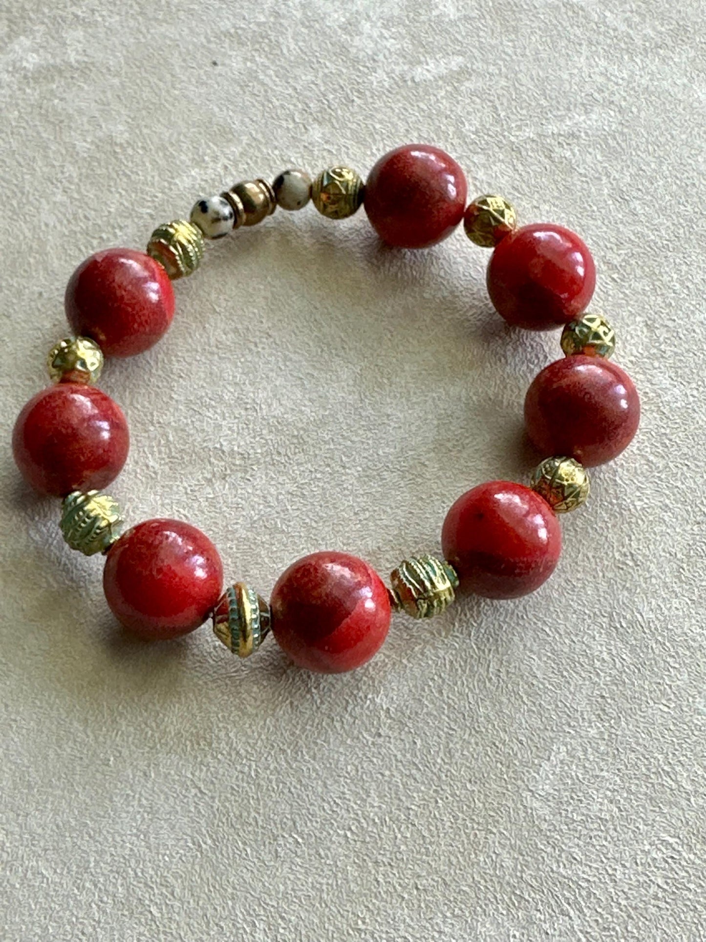 Red Ceramic Beaded Bracelet: Handmade Brass Accent Boho Jewelry