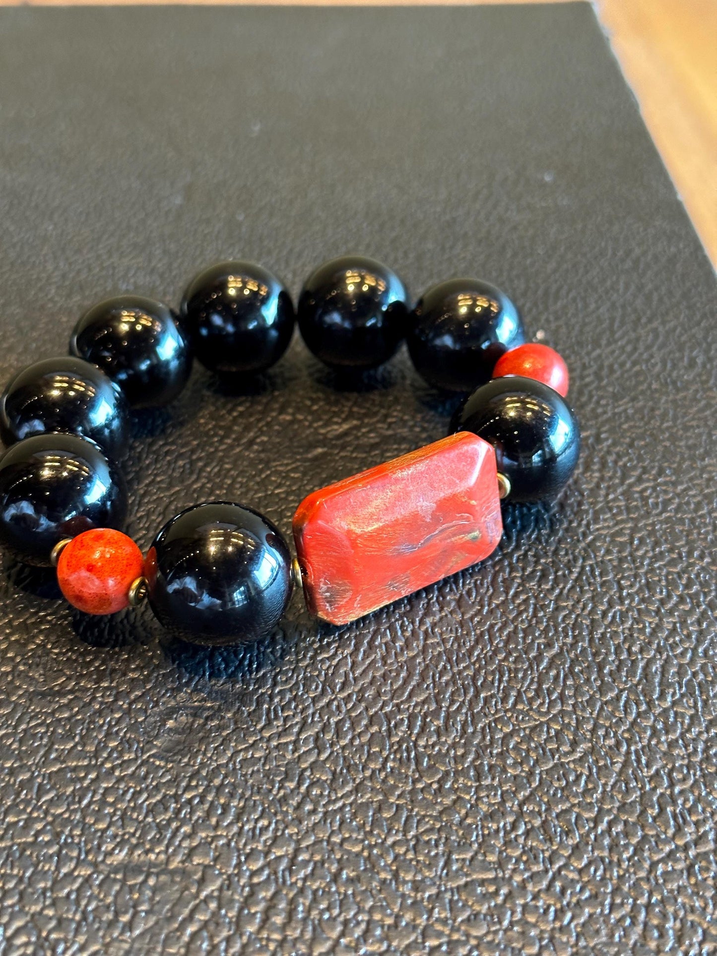 Handmade Black and Red Beaded Statement Stretch Bracelet