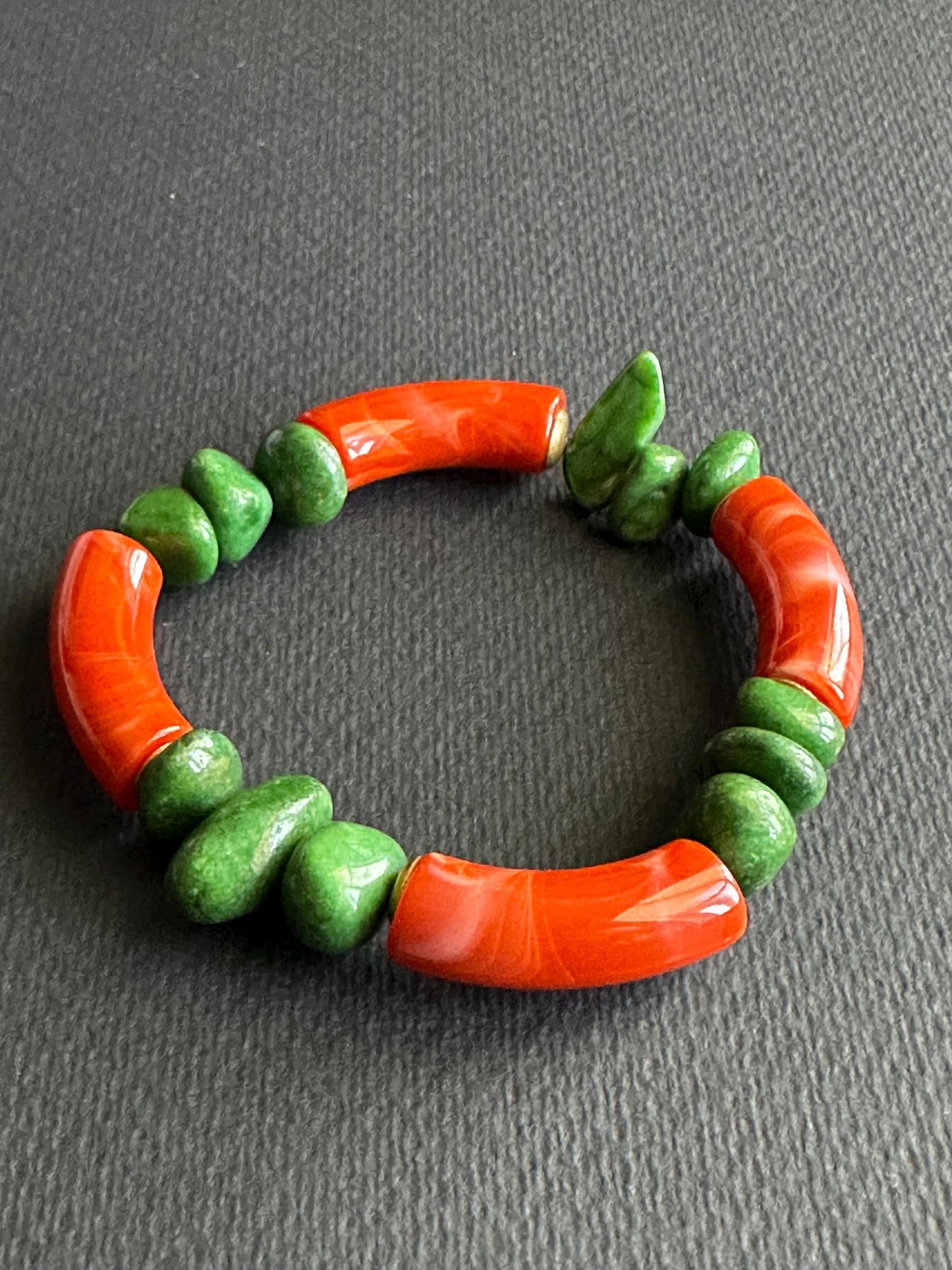 Rust Orange Resin & Green Stone Bracelet: Handmade Boho Jewelry