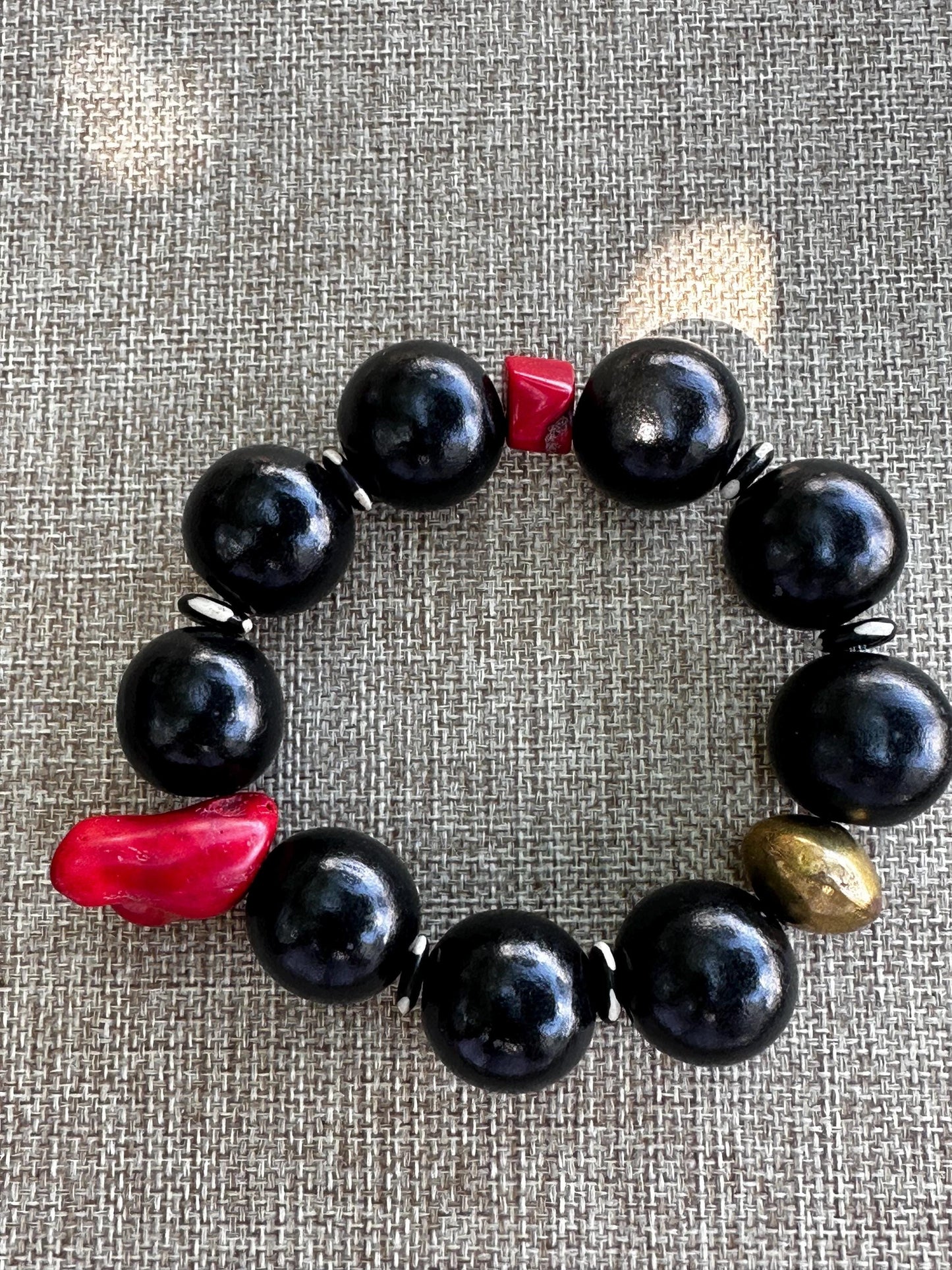 Handmade Black and Red Coral Beaded Statement Stretch Bracelet