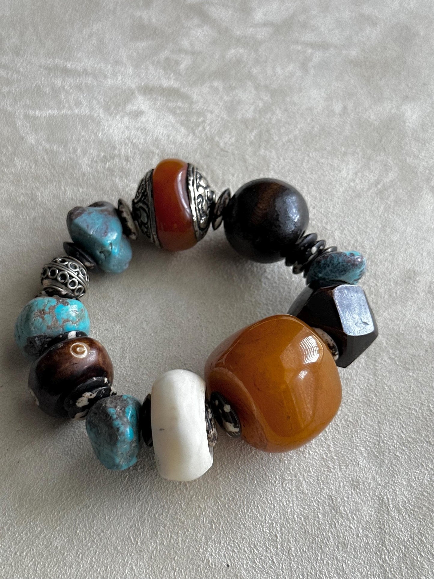 Handcrafted Tribal Boho Bracelet • Chunky Orange Focal Bead, Bone & Turquoise