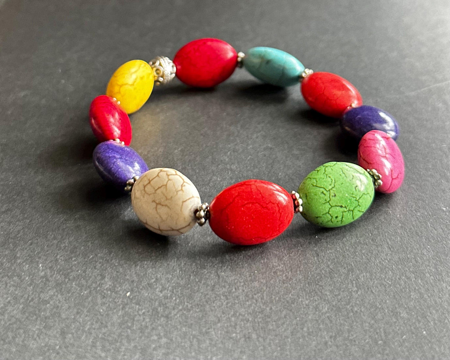 Multi-Color Oval Ceramic Beaded Bracelet | Silver Accents | Handmade by Attrice | Fun & Flirty | OOAK | 7.5"