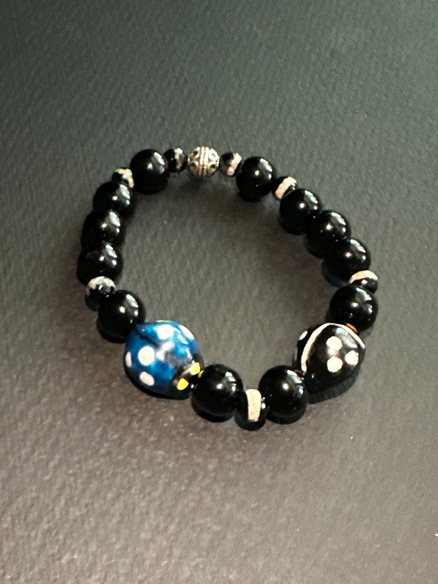 Ladybug Beaded Bracelet: Black, White & Blue Glass Ceramic - 7.5"