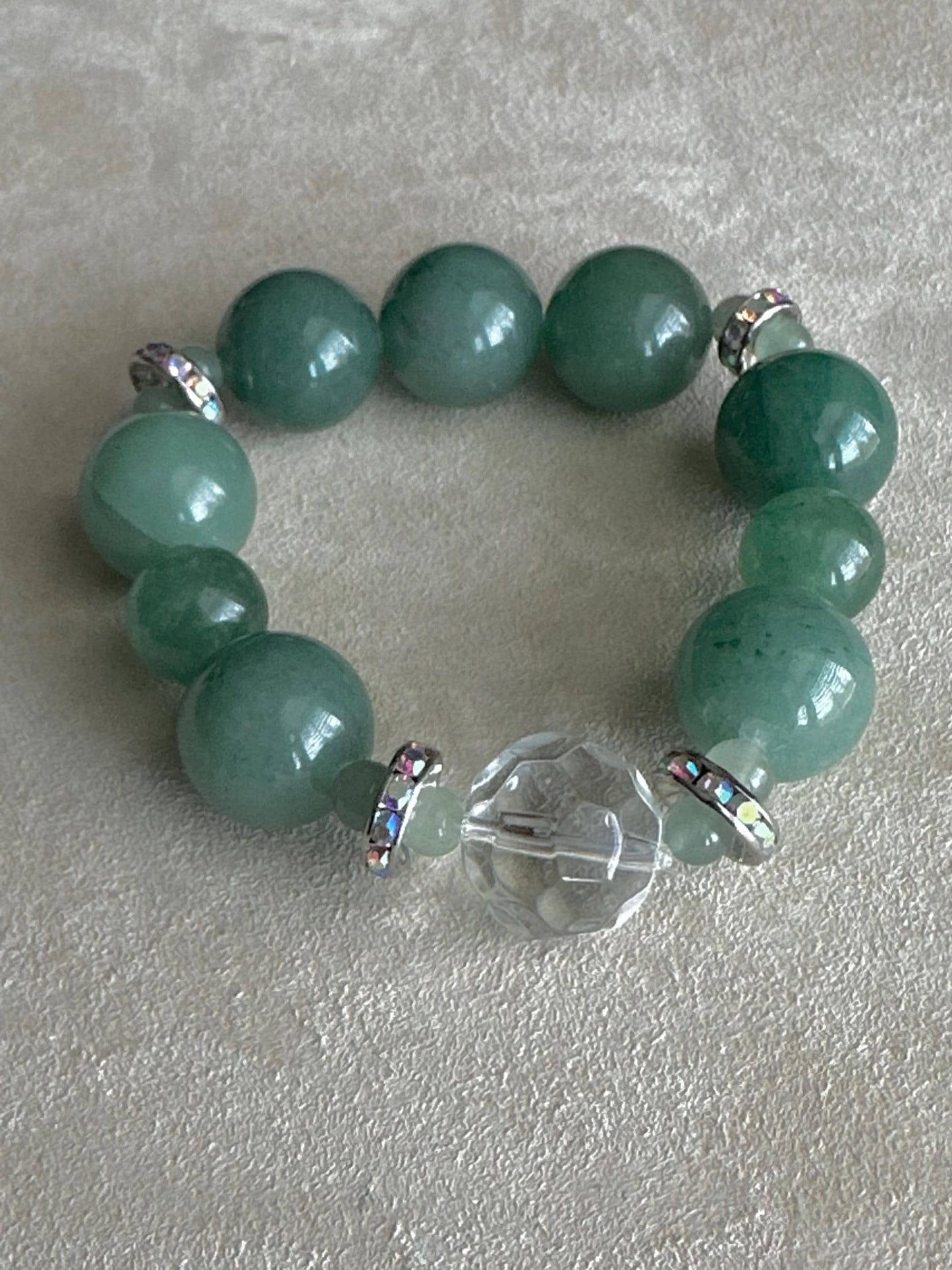Chunky Green Aventurine Bracelet with Clear and Rhinestone Accent Beads