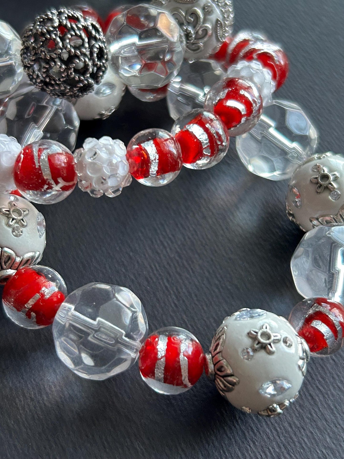 Handmade Beaded Stretch Bracelet | White, Red, & Silver Filigree