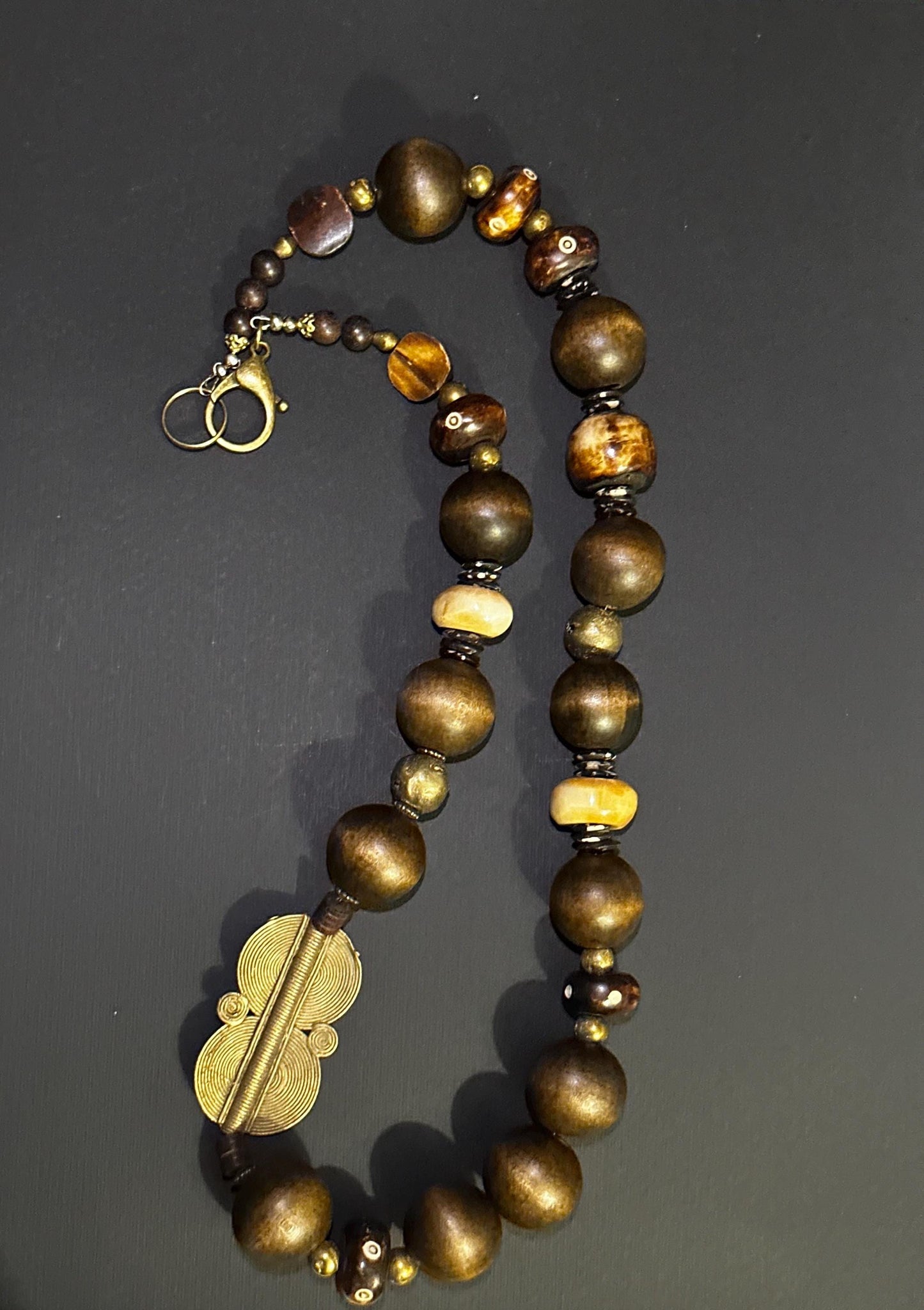 Brown (24 mm) Wooden Beads and with Bone and  Brass Sundial  Beaded Necklace