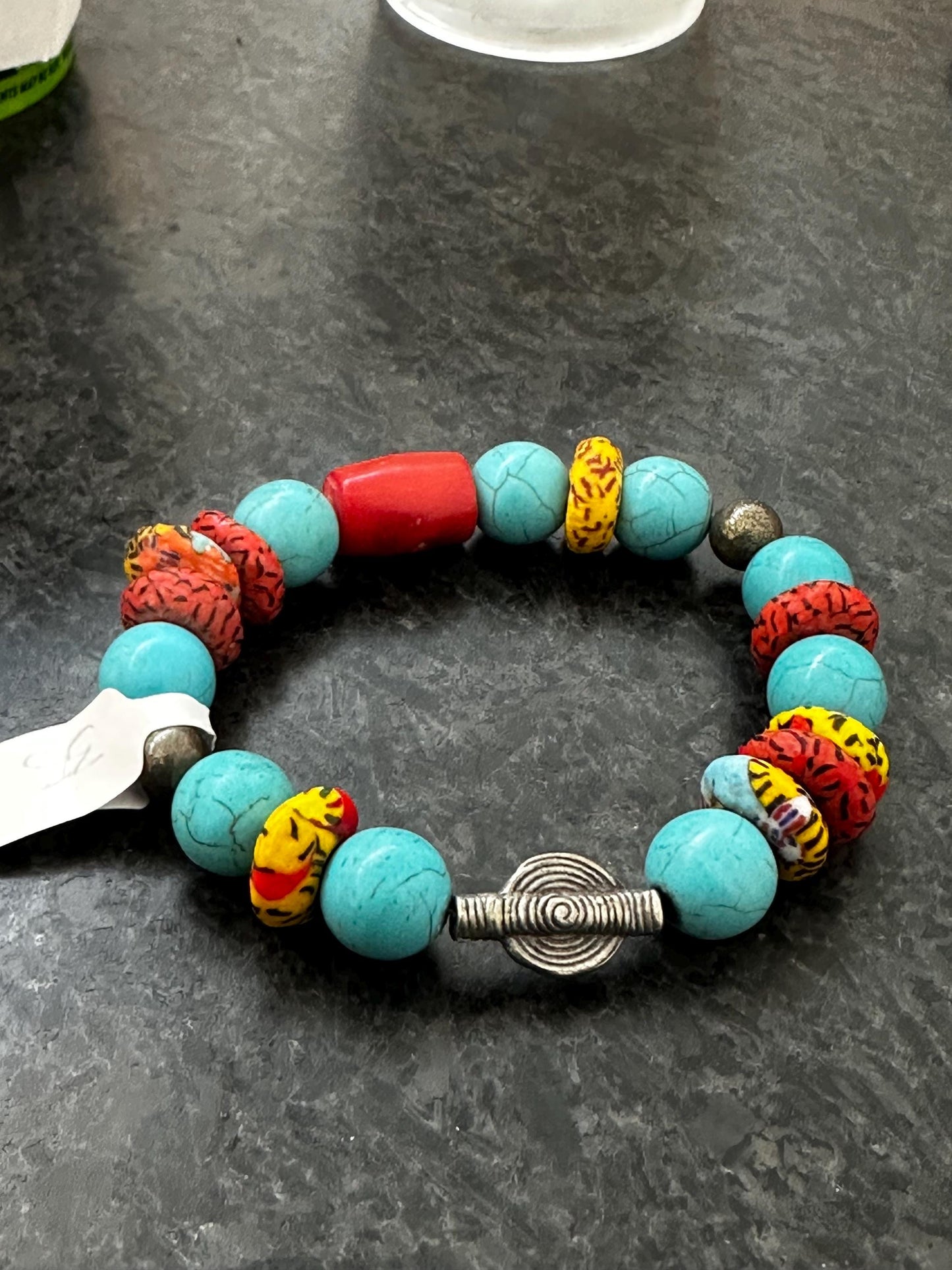 Turquoise Howlite Bracelet: Recycled African Glass & Silver Sundial - Boho Unisex