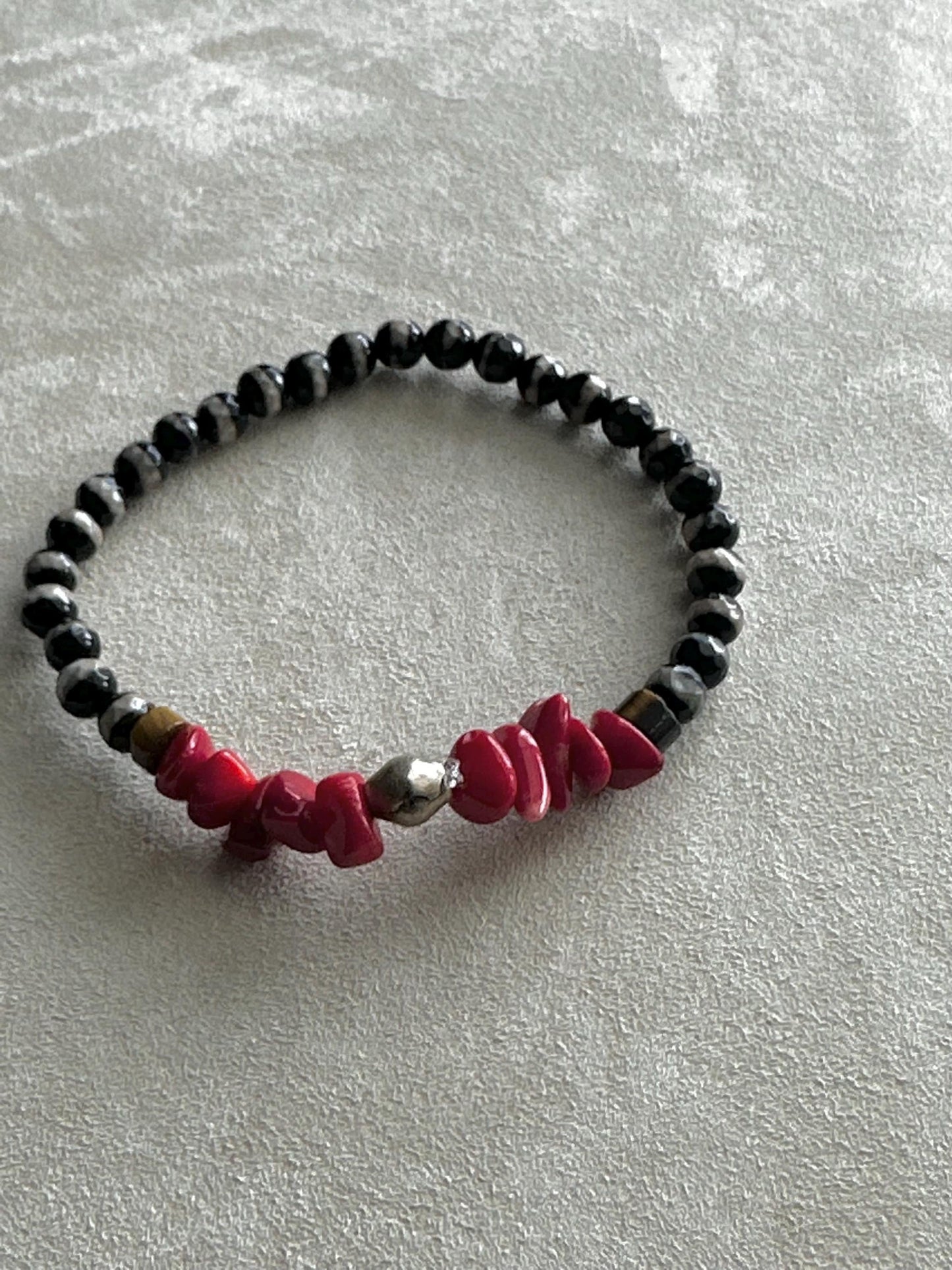 Agate & Red Coral Beaded Bracelet, Unisex Silver Accent