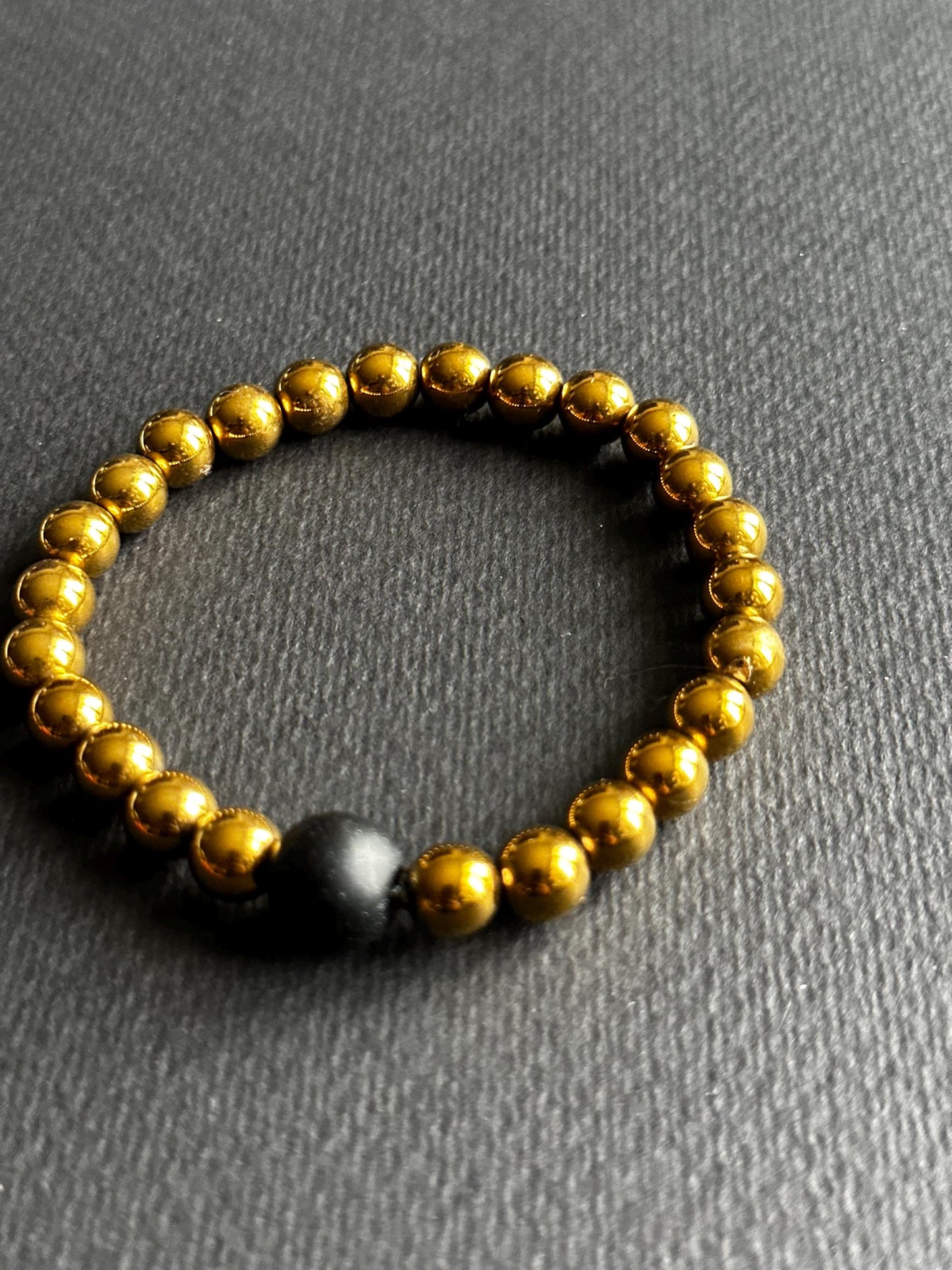 Hematite Stackable Unisex Bracelet with Black Single Focal Bead